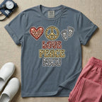 A graphic design for NICU nursing featuring a glittery leopard print heart, peace sign, and baby footprints aligned horizontally above the stacked words LOVE PEACE NICU in matching textured animal print lettering.