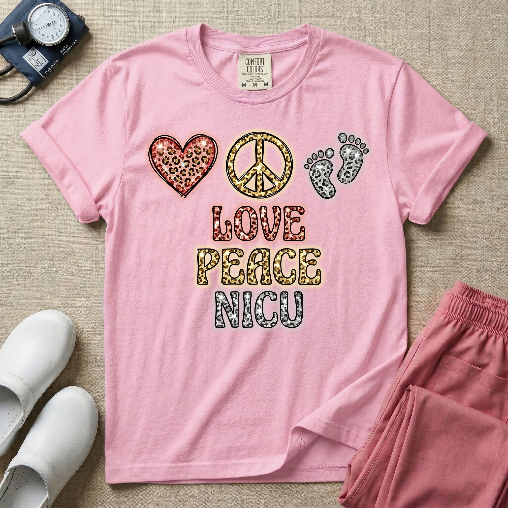 A graphic design for NICU nursing featuring a glittery leopard print heart, peace sign, and baby footprints aligned horizontally above the stacked words LOVE PEACE NICU in matching textured animal print lettering.