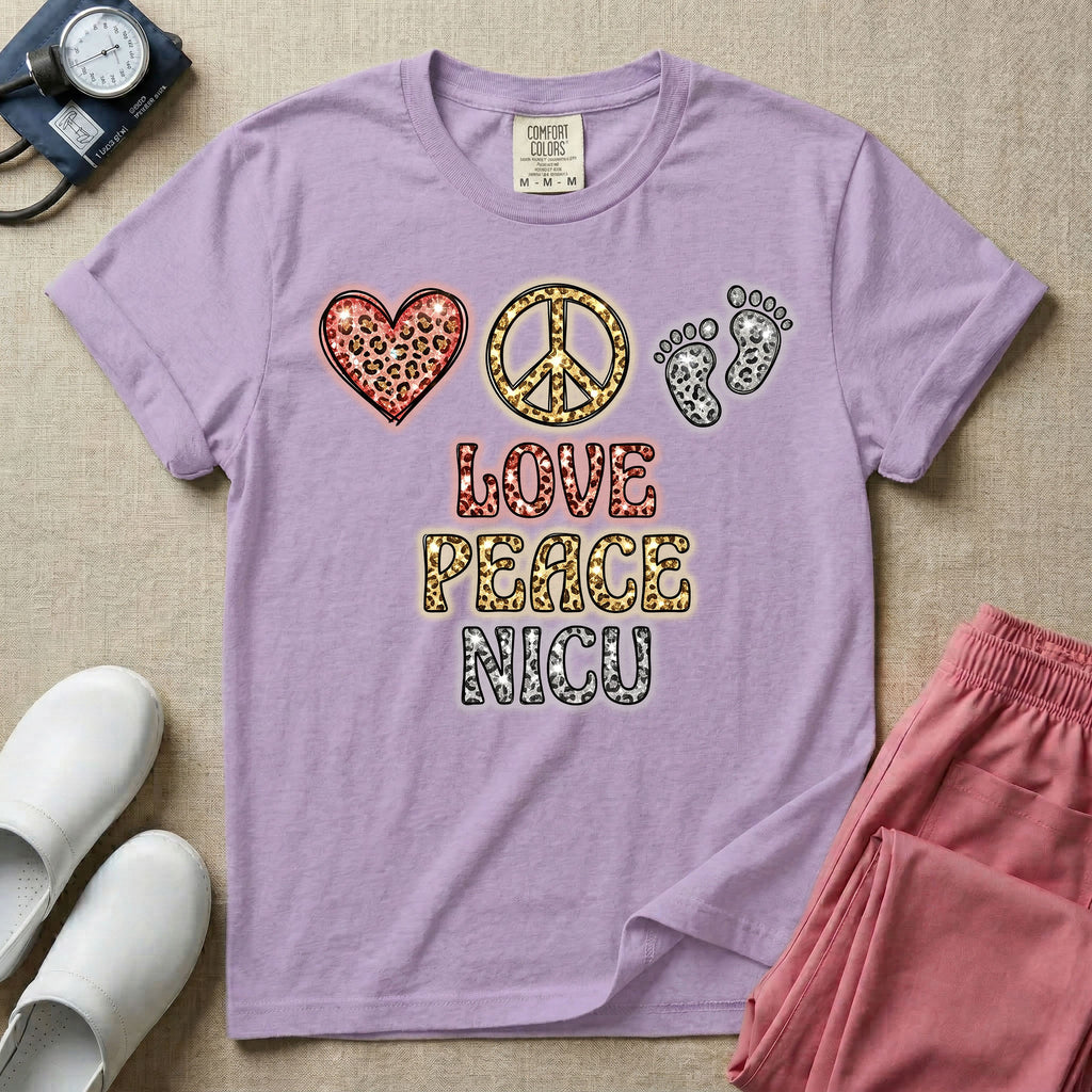 A graphic design for NICU nursing featuring a glittery leopard print heart, peace sign, and baby footprints aligned horizontally above the stacked words LOVE PEACE NICU in matching textured animal print lettering.