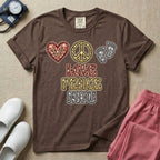 A graphic design for NICU nursing featuring a glittery leopard print heart, peace sign, and baby footprints aligned horizontally above the stacked words LOVE PEACE NICU in matching textured animal print lettering.