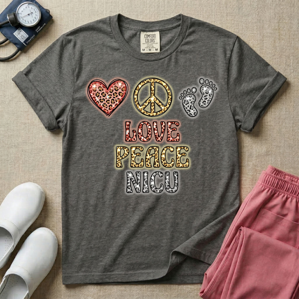 A graphic design for NICU nursing featuring a glittery leopard print heart, peace sign, and baby footprints aligned horizontally above the stacked words LOVE PEACE NICU in matching textured animal print lettering.