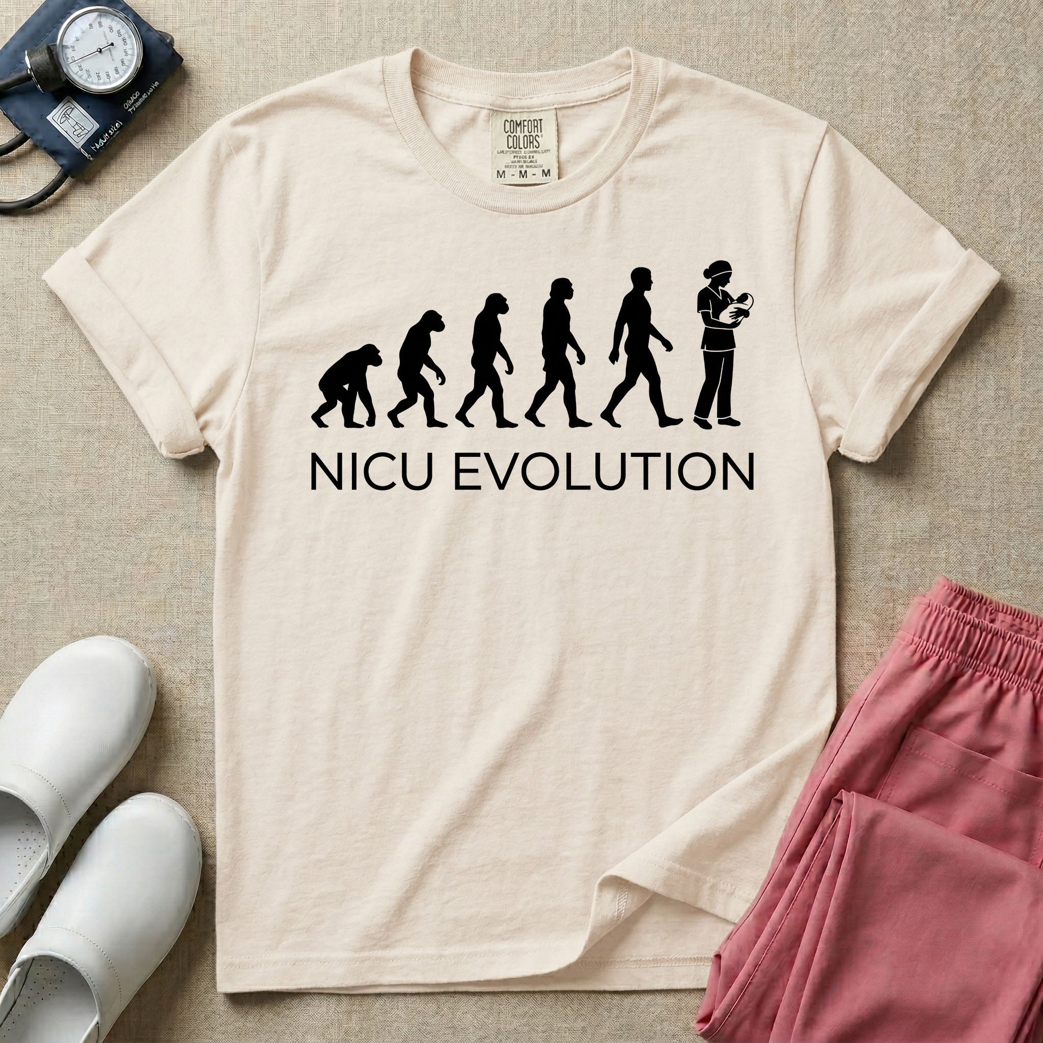A funny minimalist graphic design for NICU nursing featuring a white silhouette illustration of human evolution progressing from an ape to a modern human, culminating in a nurse wearing scrubs holding a newborn baby, with the text NICU EVOLUTION written directly below.