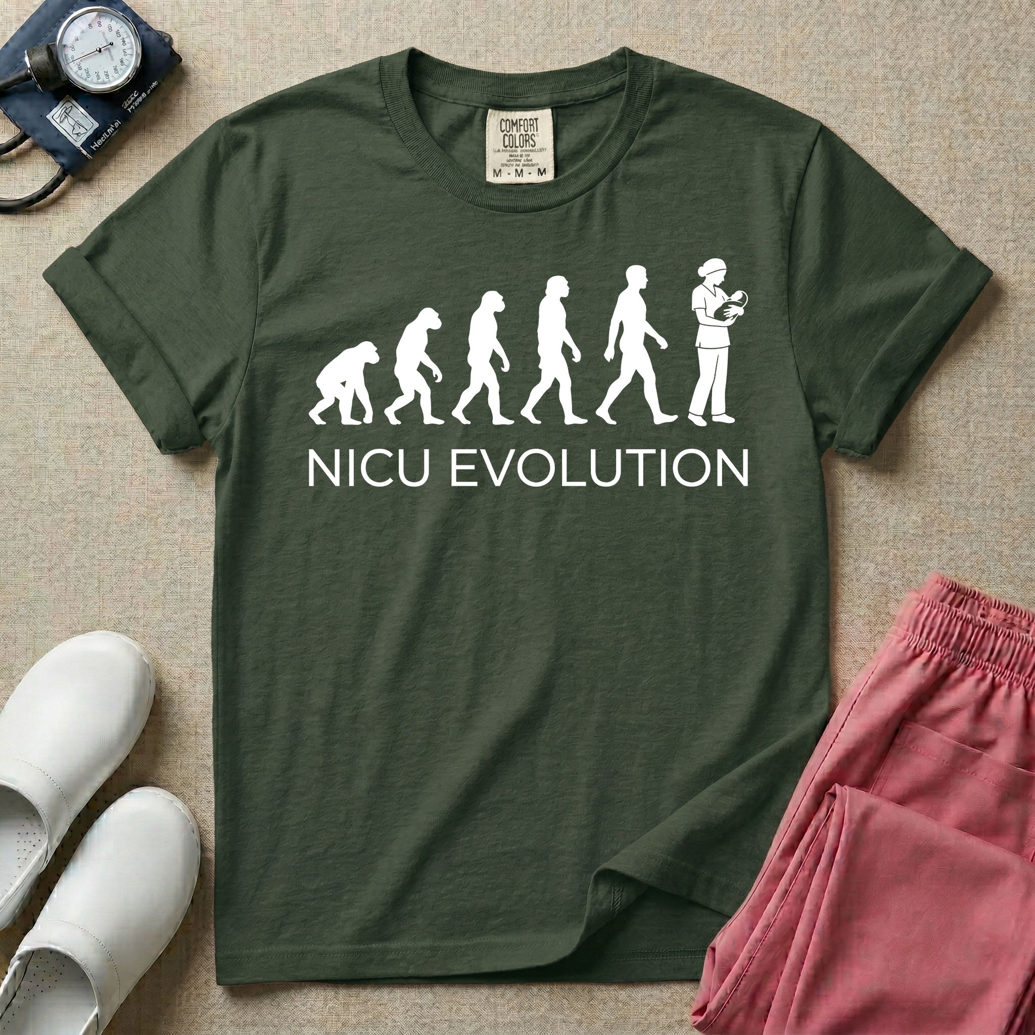 A funny minimalist graphic design for NICU nursing featuring a white silhouette illustration of human evolution progressing from an ape to a modern human, culminating in a nurse wearing scrubs holding a newborn baby, with the text NICU EVOLUTION written directly below.