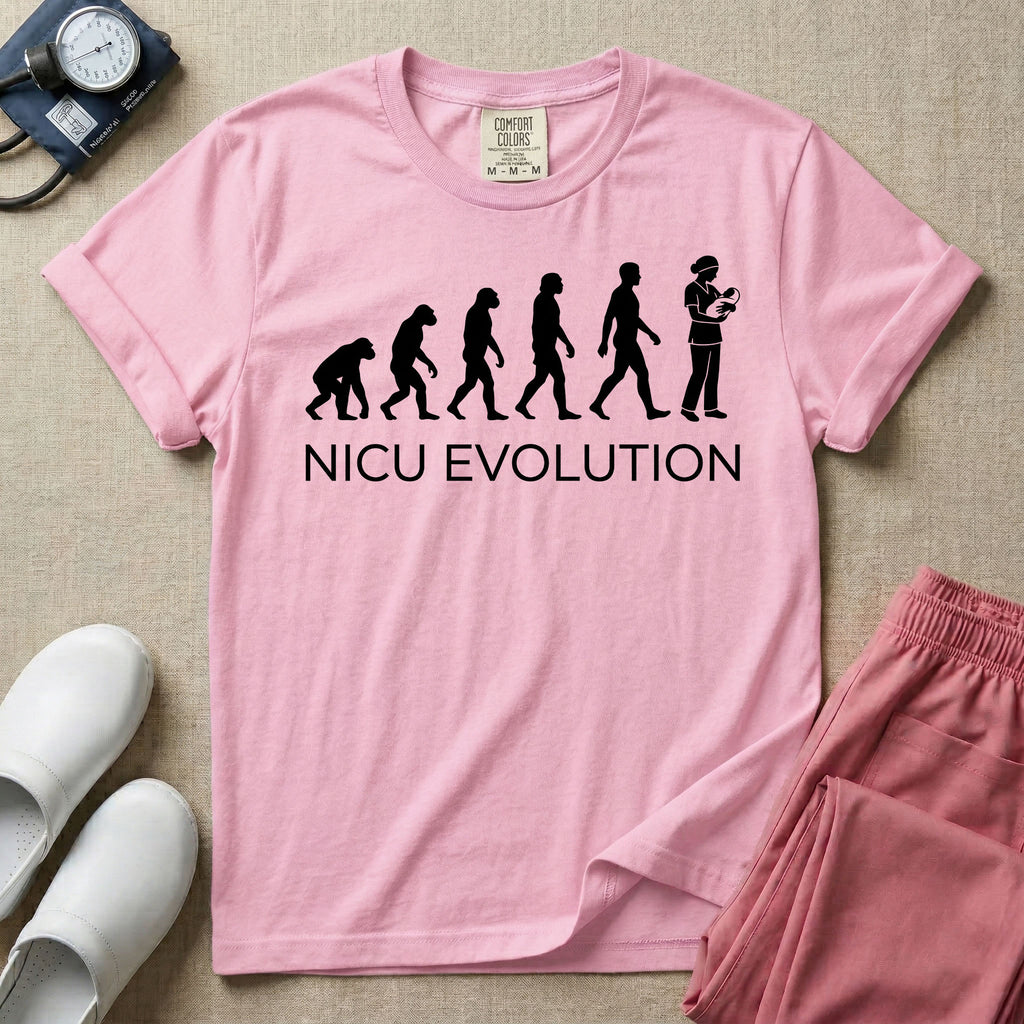 A funny minimalist graphic design for NICU nursing featuring a white silhouette illustration of human evolution progressing from an ape to a modern human, culminating in a nurse wearing scrubs holding a newborn baby, with the text NICU EVOLUTION written directly below.