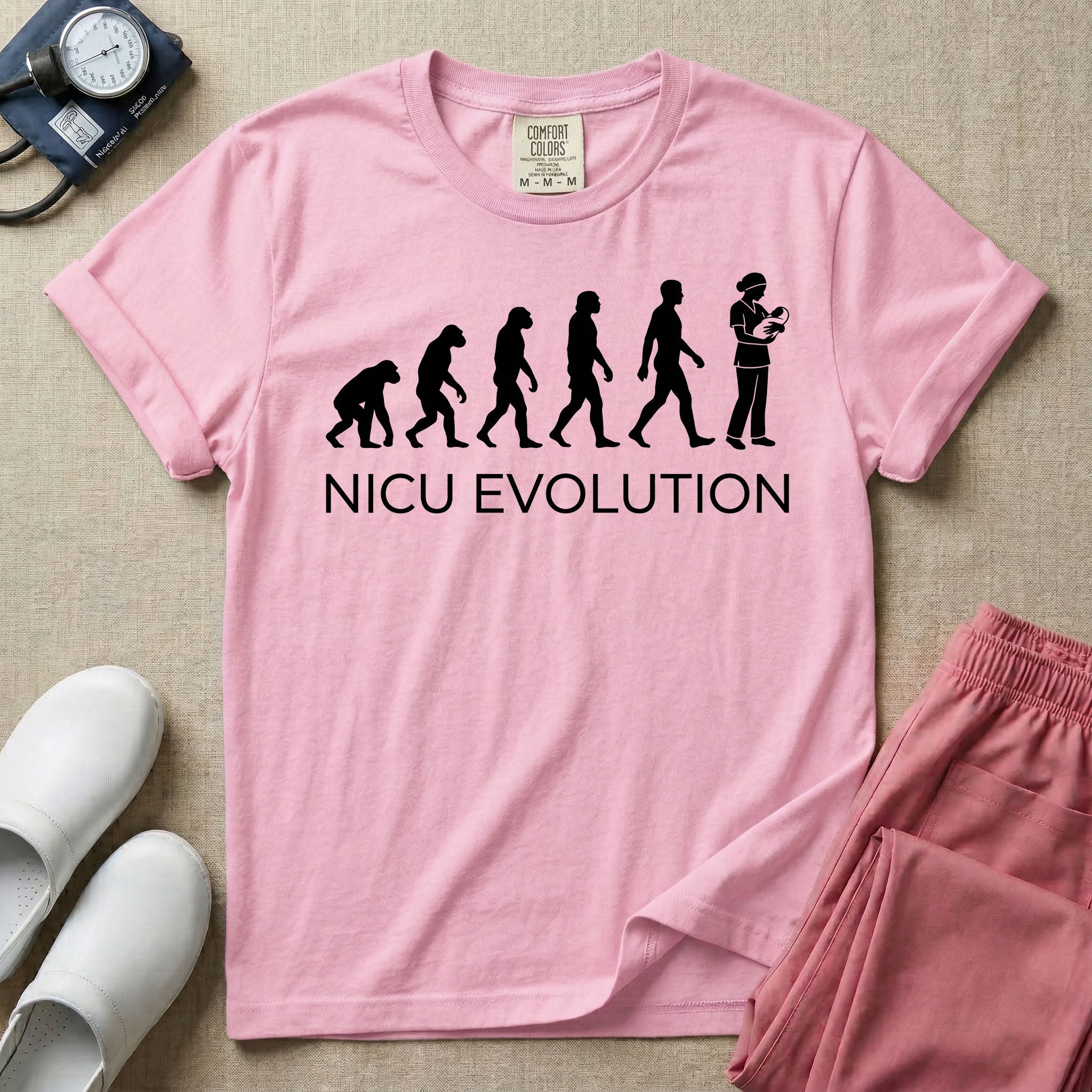 A funny minimalist graphic design for NICU nursing featuring a white silhouette illustration of human evolution progressing from an ape to a modern human, culminating in a nurse wearing scrubs holding a newborn baby, with the text NICU EVOLUTION written directly below.