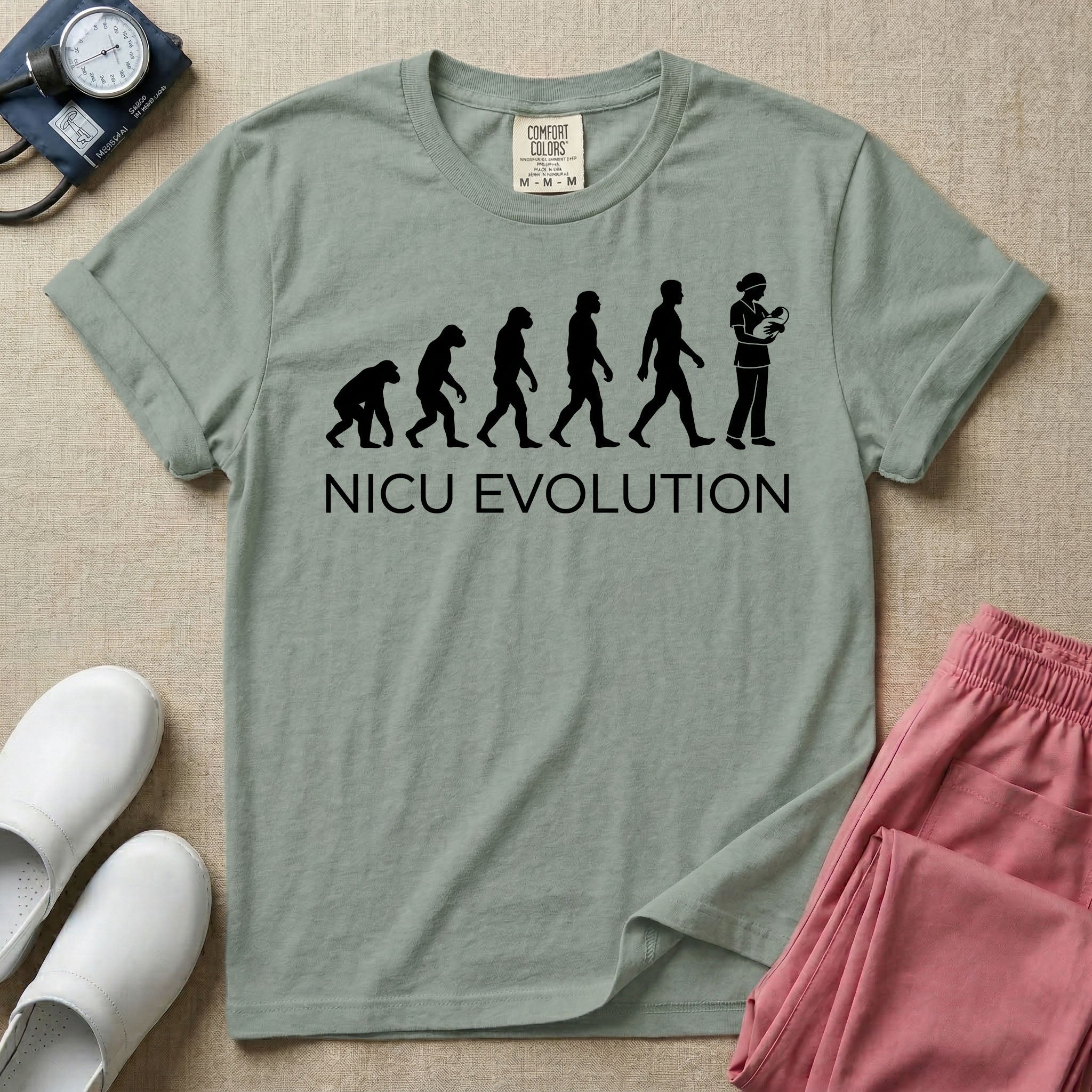 A funny minimalist graphic design for NICU nursing featuring a white silhouette illustration of human evolution progressing from an ape to a modern human, culminating in a nurse wearing scrubs holding a newborn baby, with the text NICU EVOLUTION written directly below.