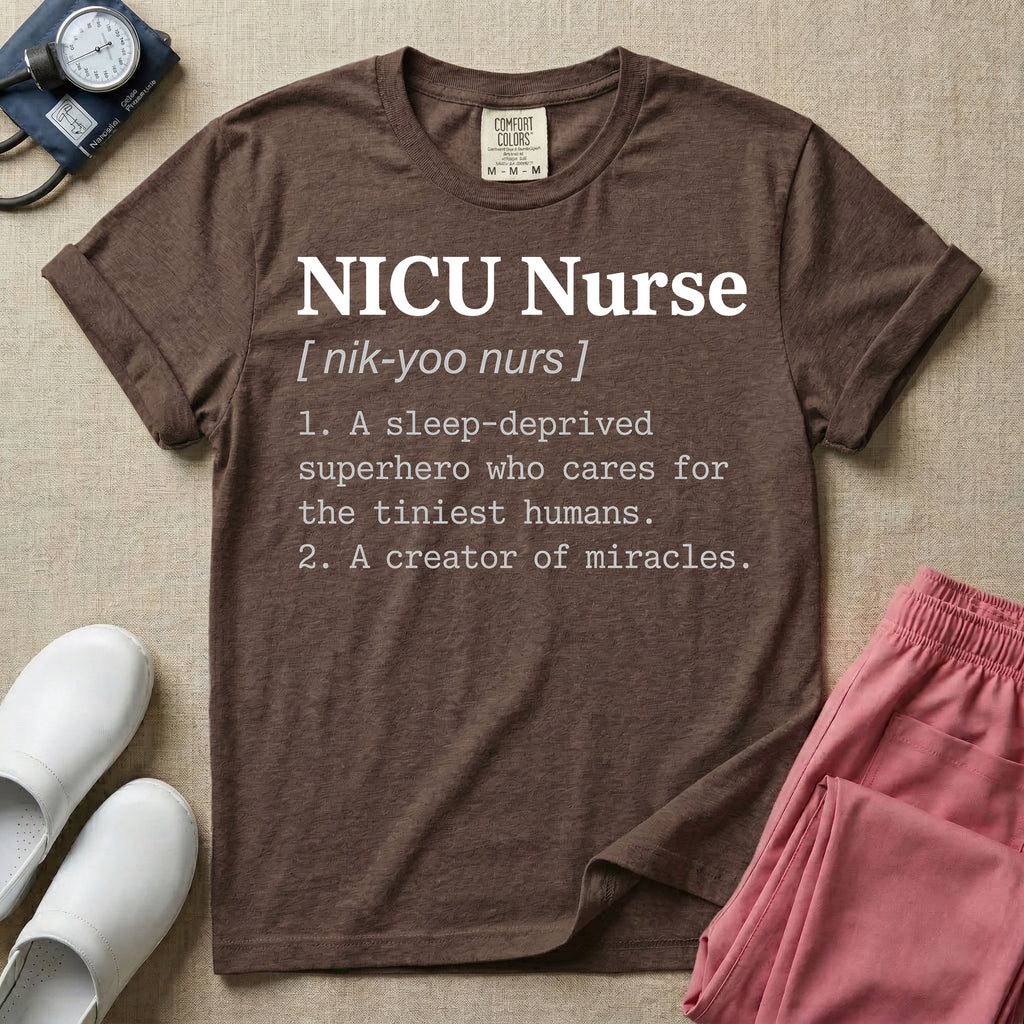 A minimalist neonatal intensive care unit t-shirt featuring a funny dictionary definition graphic that reads "NICU Nurse [ nik-yoo nurs ] 1. A sleep-deprived superhero who cares for the tiniest humans. 2. A creator of miracles."