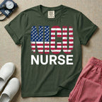 A retro neonatal intensive care unit t-shirt featuring the text "NICU NURSE" with a distressed American flag graphic inside the letters, replacing the traditional stars with tiny white baby footprints.