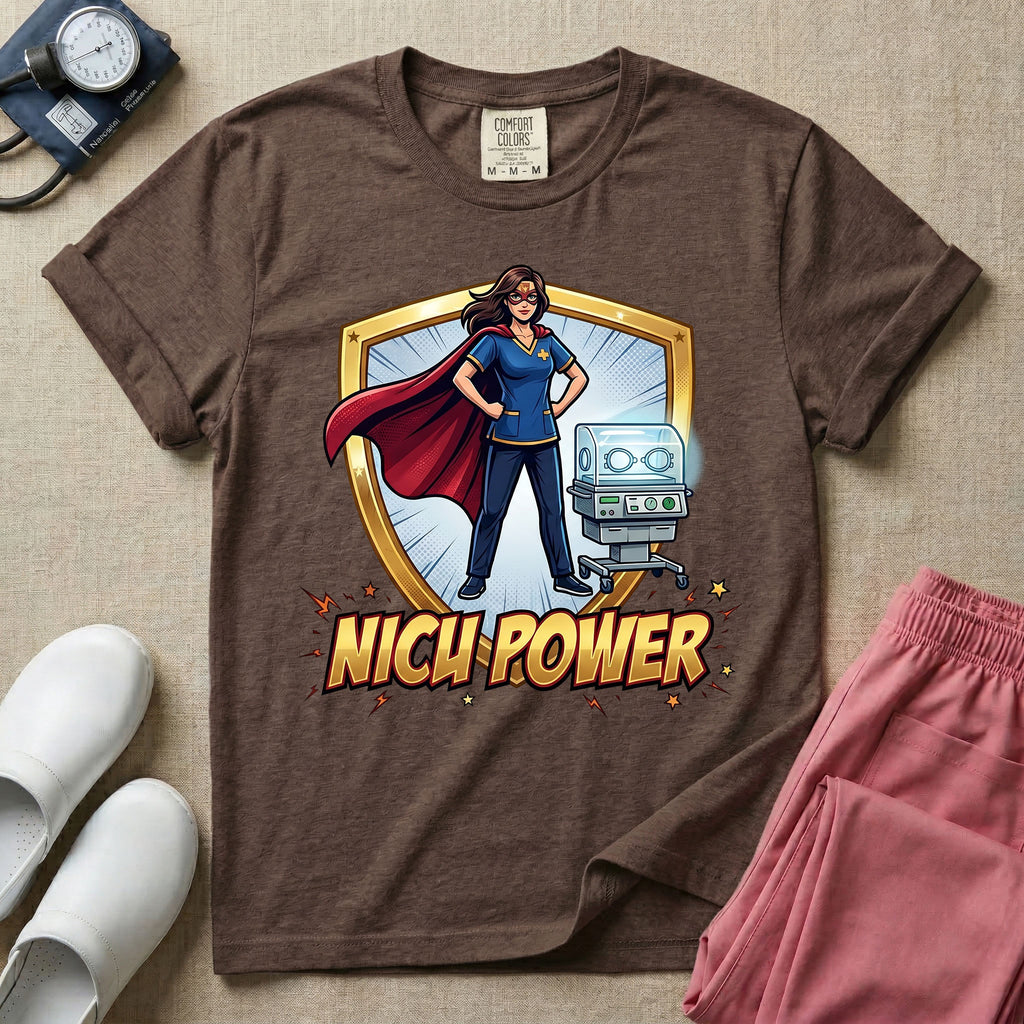 A comic book style neonatal intensive care unit t-shirt featuring an illustration of a confident female nurse wearing a red superhero cape and mask, standing next to an infant incubator inside a golden shield, with the bold text "NICU POWER" below.
