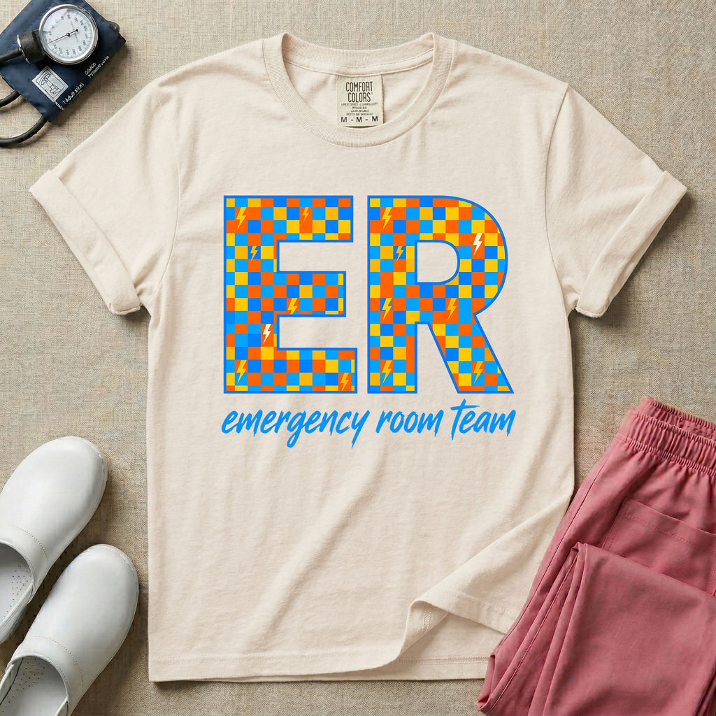 A retro-style design for emergency room staff featuring the large letters ER filled with a checkered pattern and small lightning bolts, above the script text emergency room team.