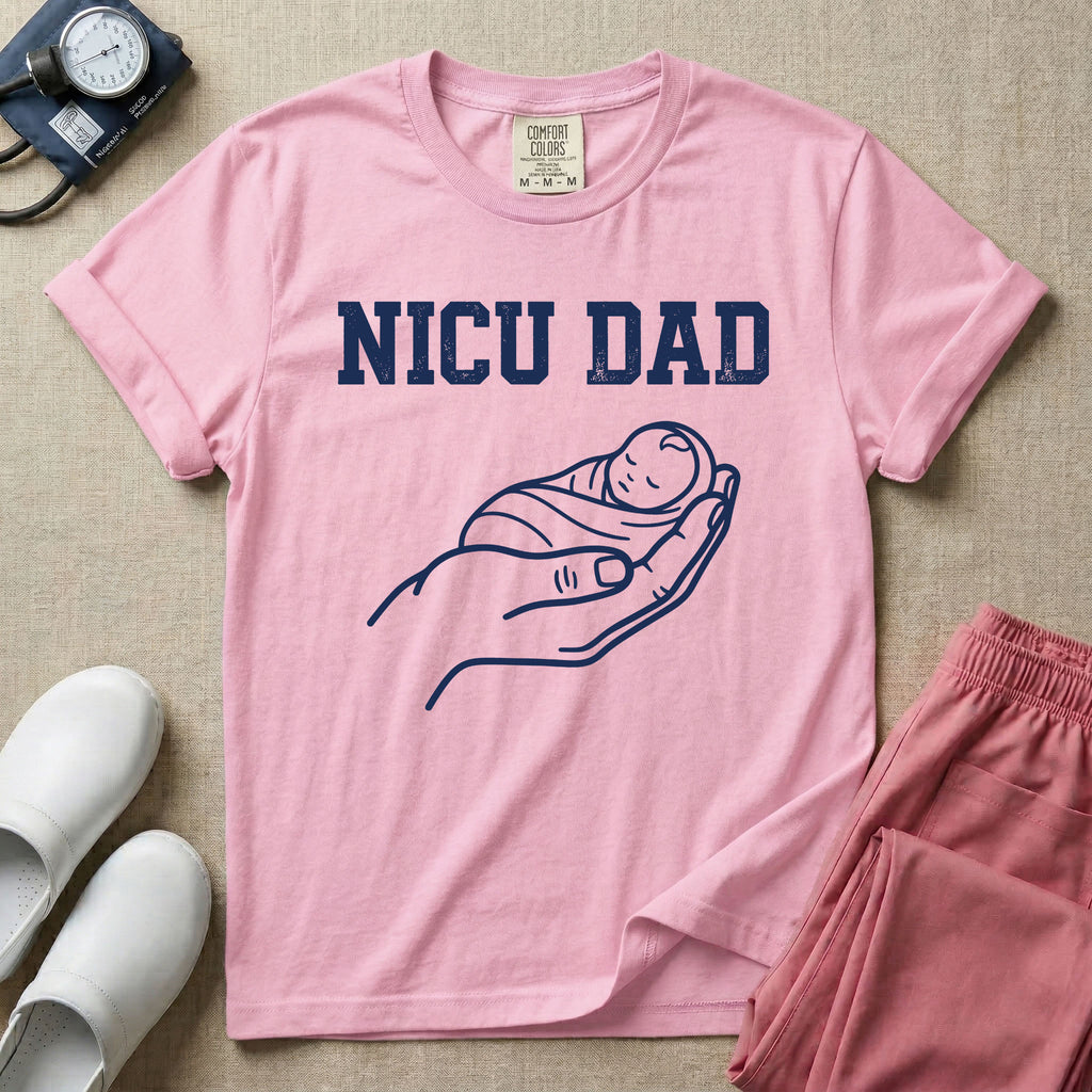 Proud NICU Dad Cradling Baby Line Art Minimalist T-Shirt-T-Shirt-HugTee