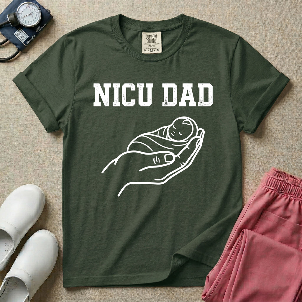 Proud NICU Dad Cradling Baby Line Art Minimalist T-Shirt-T-Shirt-HugTee