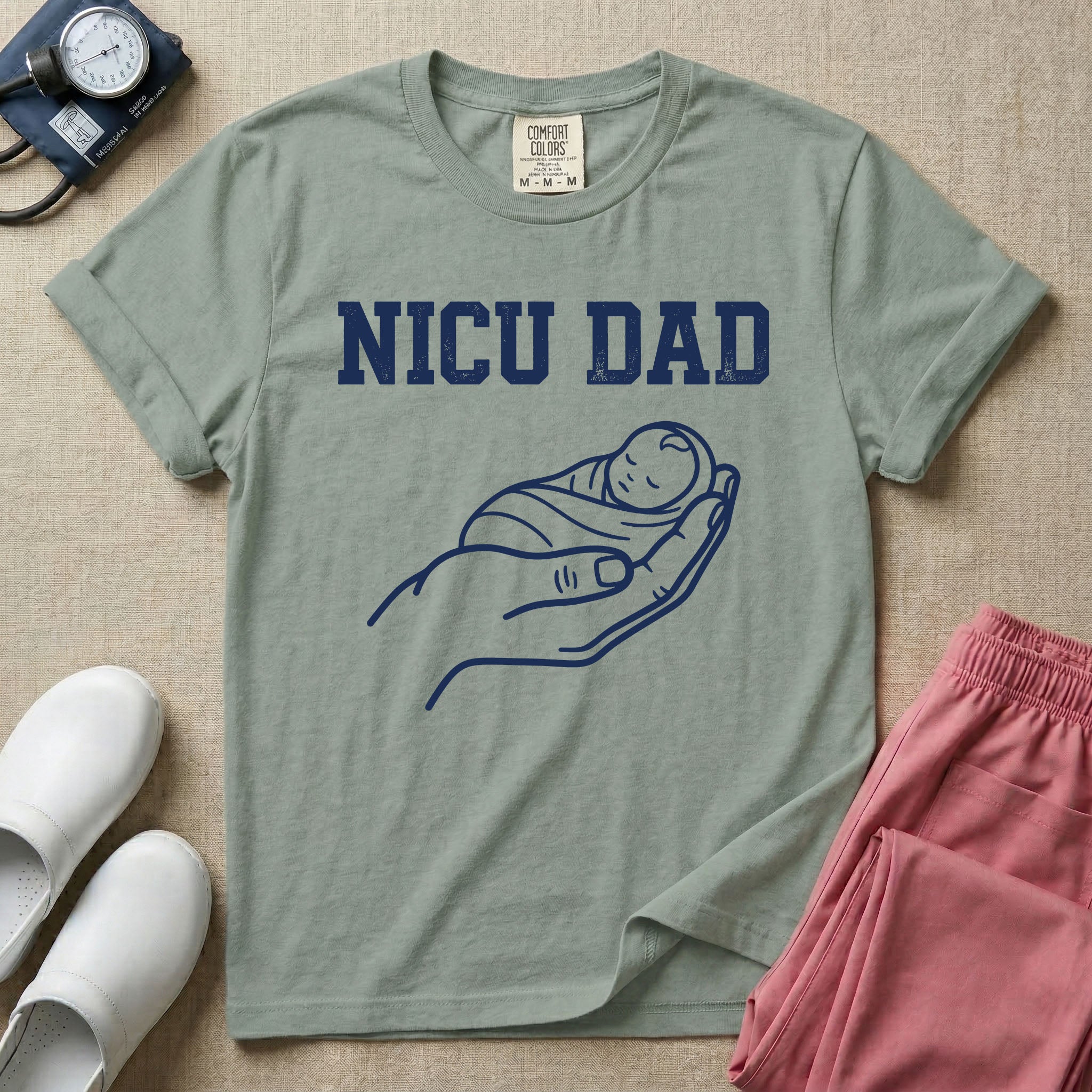 Proud NICU Dad Cradling Baby Line Art Minimalist T-Shirt-T-Shirt-HugTee