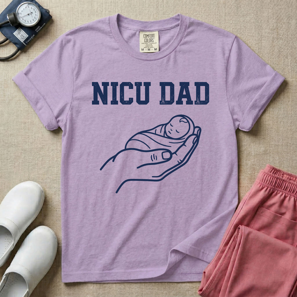 Proud NICU Dad Cradling Baby Line Art Minimalist T-Shirt-T-Shirt-HugTee