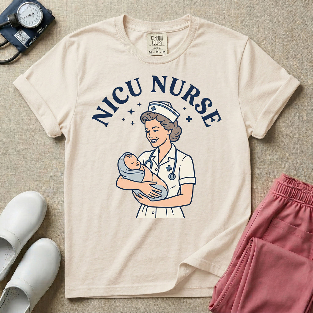 Retro vintage graphic design featuring an arched title reading NICU NURSE above a classic illustration of a nurse holding a swaddled baby surrounded by star accents.
