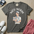 Retro vintage graphic design featuring an arched title reading NICU NURSE above a classic illustration of a nurse holding a swaddled baby surrounded by star accents.