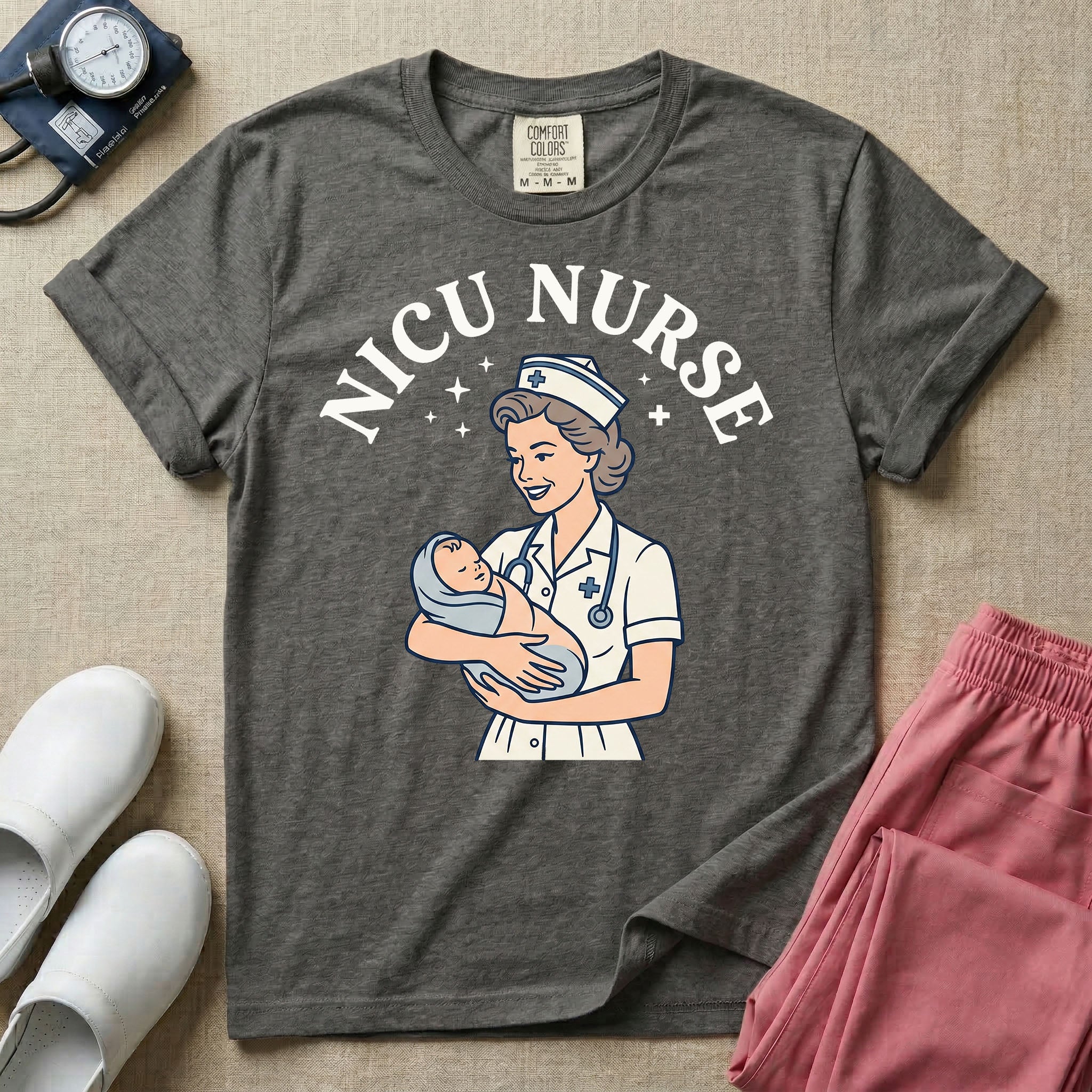 Retro vintage graphic design featuring an arched title reading NICU NURSE above a classic illustration of a nurse holding a swaddled baby surrounded by star accents.