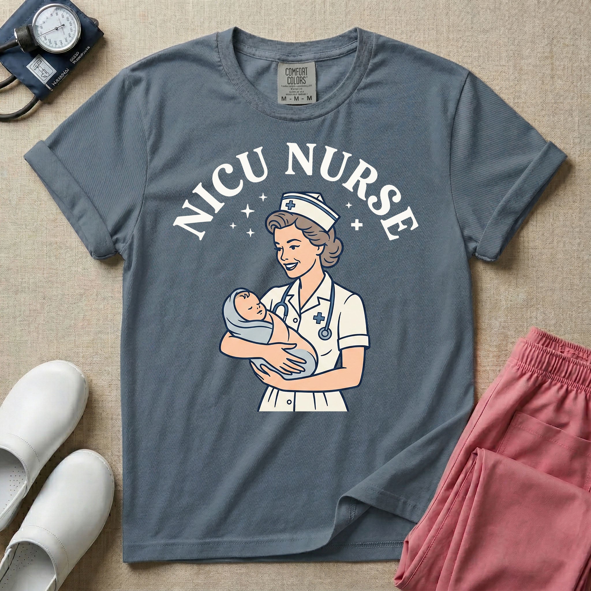 Retro vintage graphic design featuring an arched title reading NICU NURSE above a classic illustration of a nurse holding a swaddled baby surrounded by star accents.