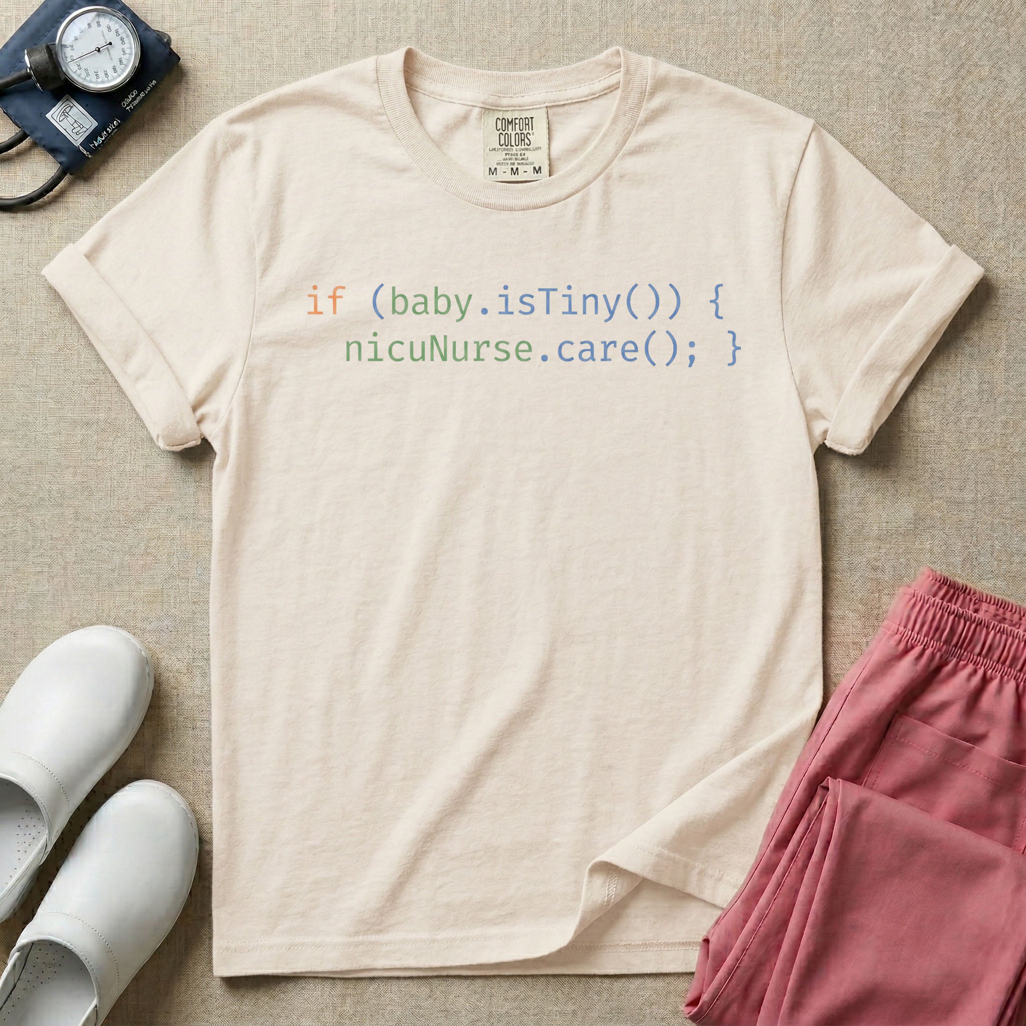 Minimalist graphic styled like computer code that reads if baby is tiny then nicu nurse care for neonatal intensive care unit nurses.