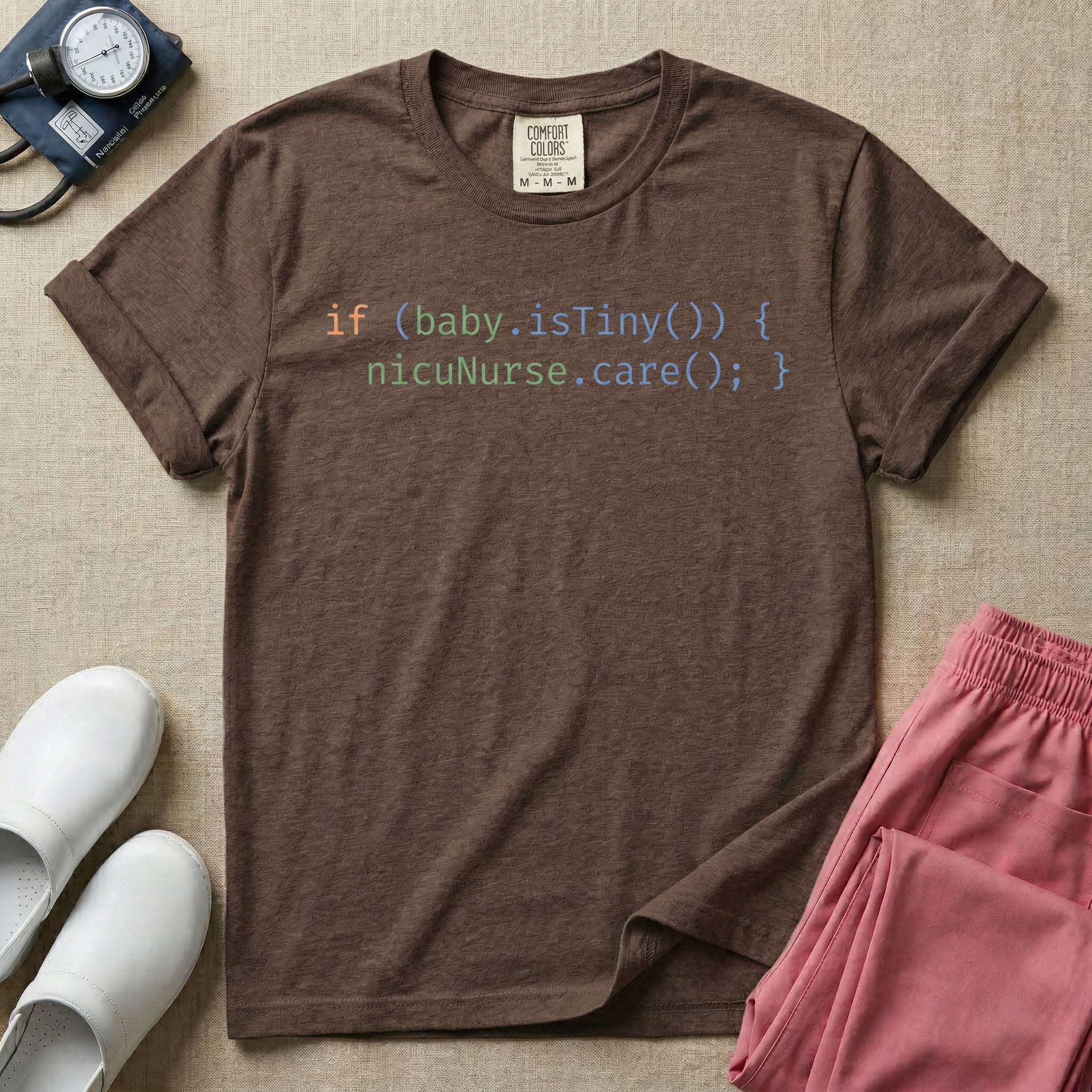 Minimalist graphic styled like computer code that reads if baby is tiny then nicu nurse care for neonatal intensive care unit nurses.