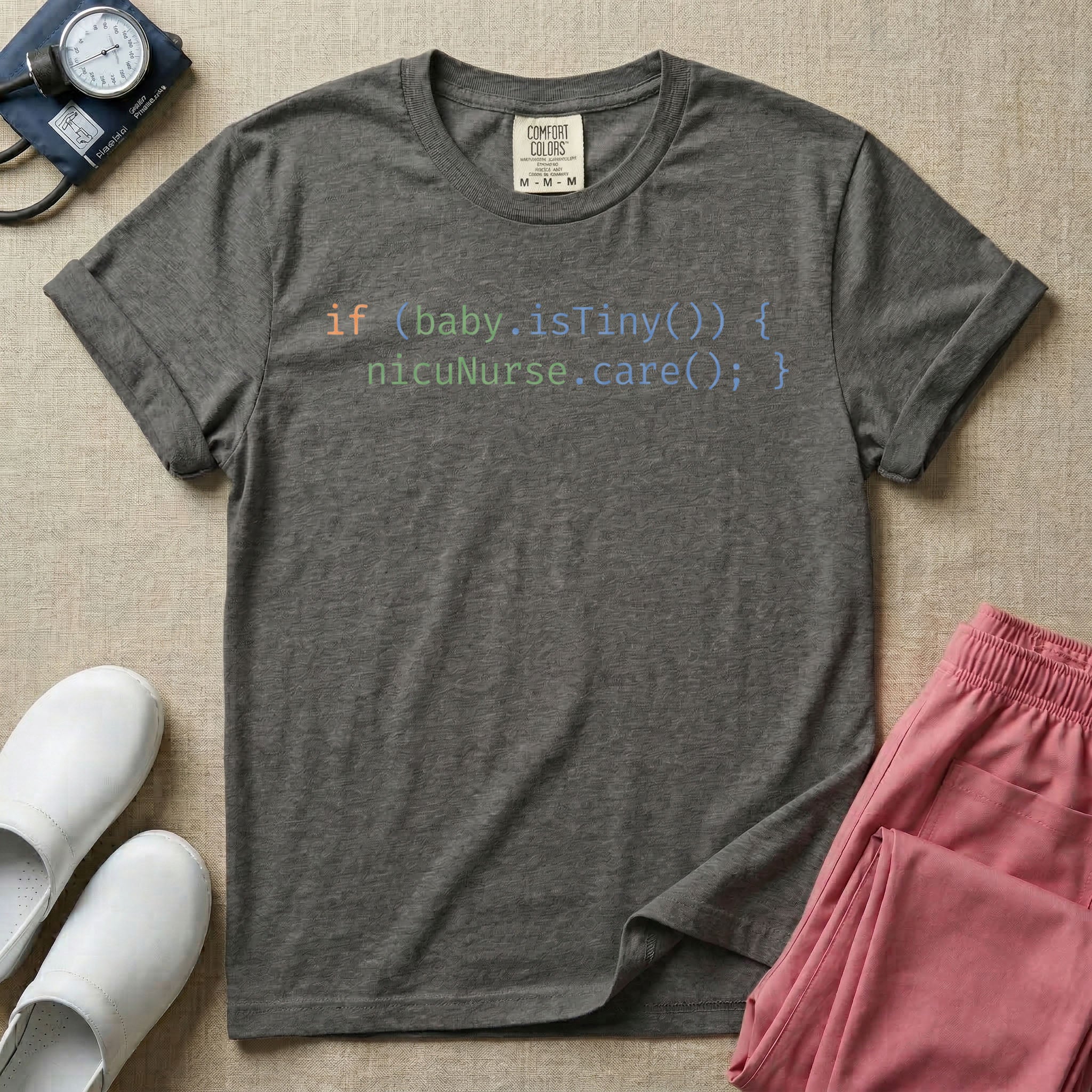 Minimalist graphic styled like computer code that reads if baby is tiny then nicu nurse care for neonatal intensive care unit nurses.