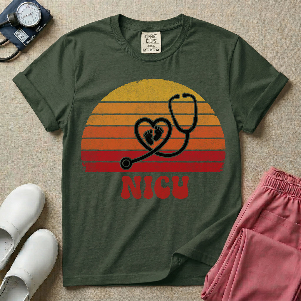 Retro NICU Nurse Stethoscope Baby Footprints T-Shirt-T-Shirt-HugTee