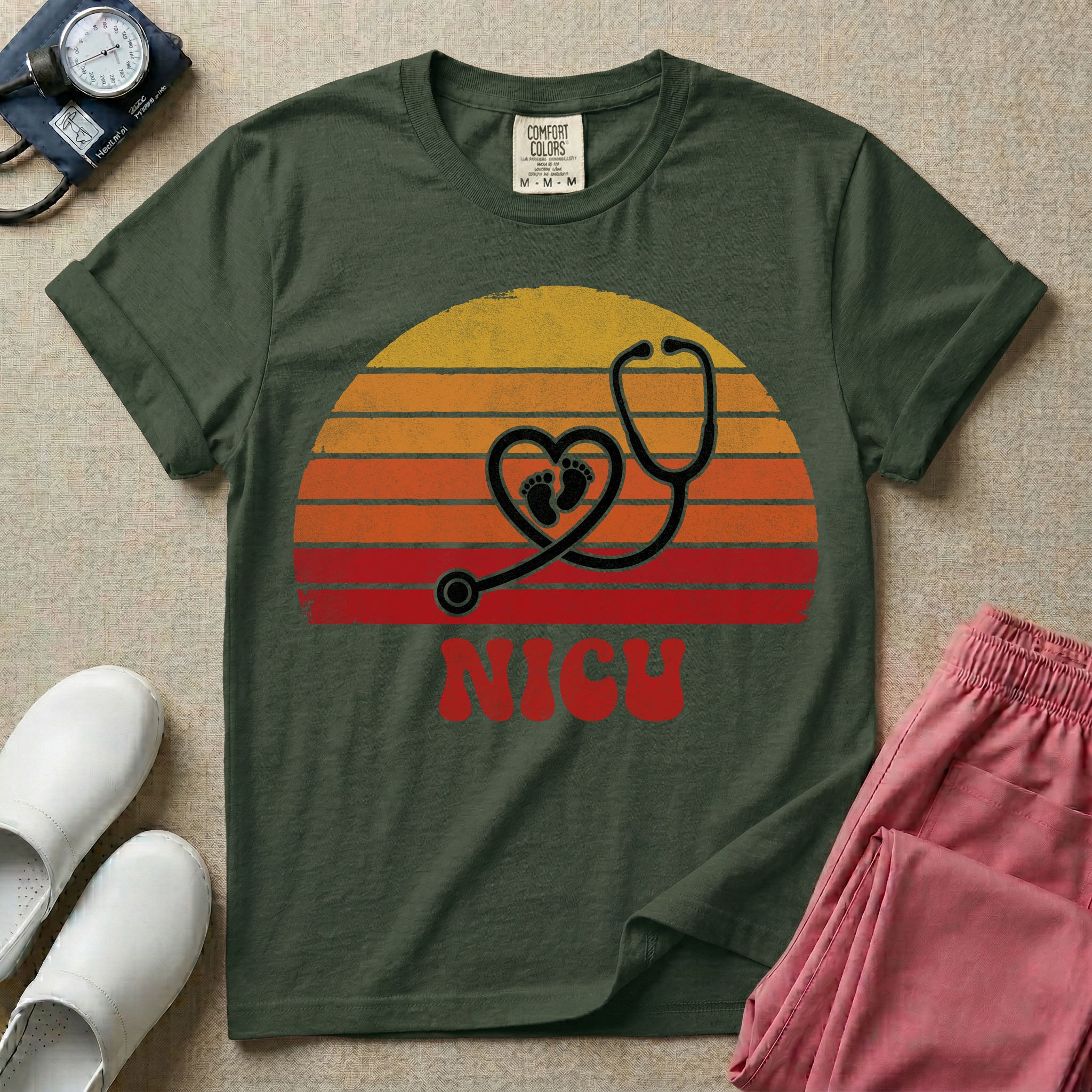 Retro NICU Nurse Stethoscope Baby Footprints T-Shirt-T-Shirt-HugTee