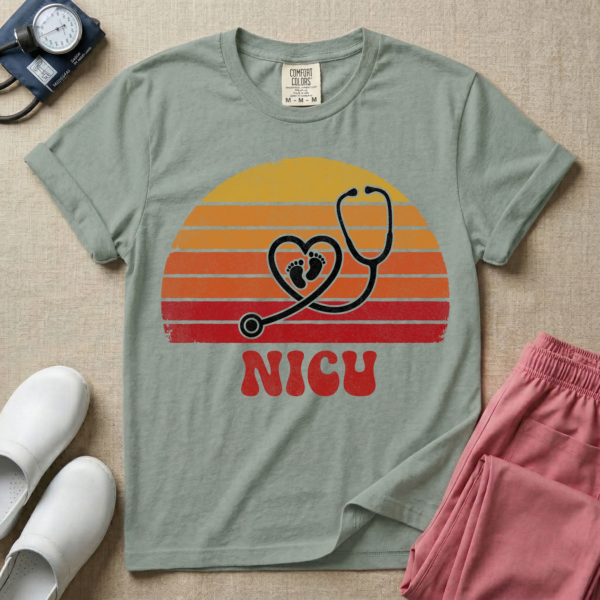 Retro NICU Nurse Stethoscope Baby Footprints T-Shirt-T-Shirt-HugTee
