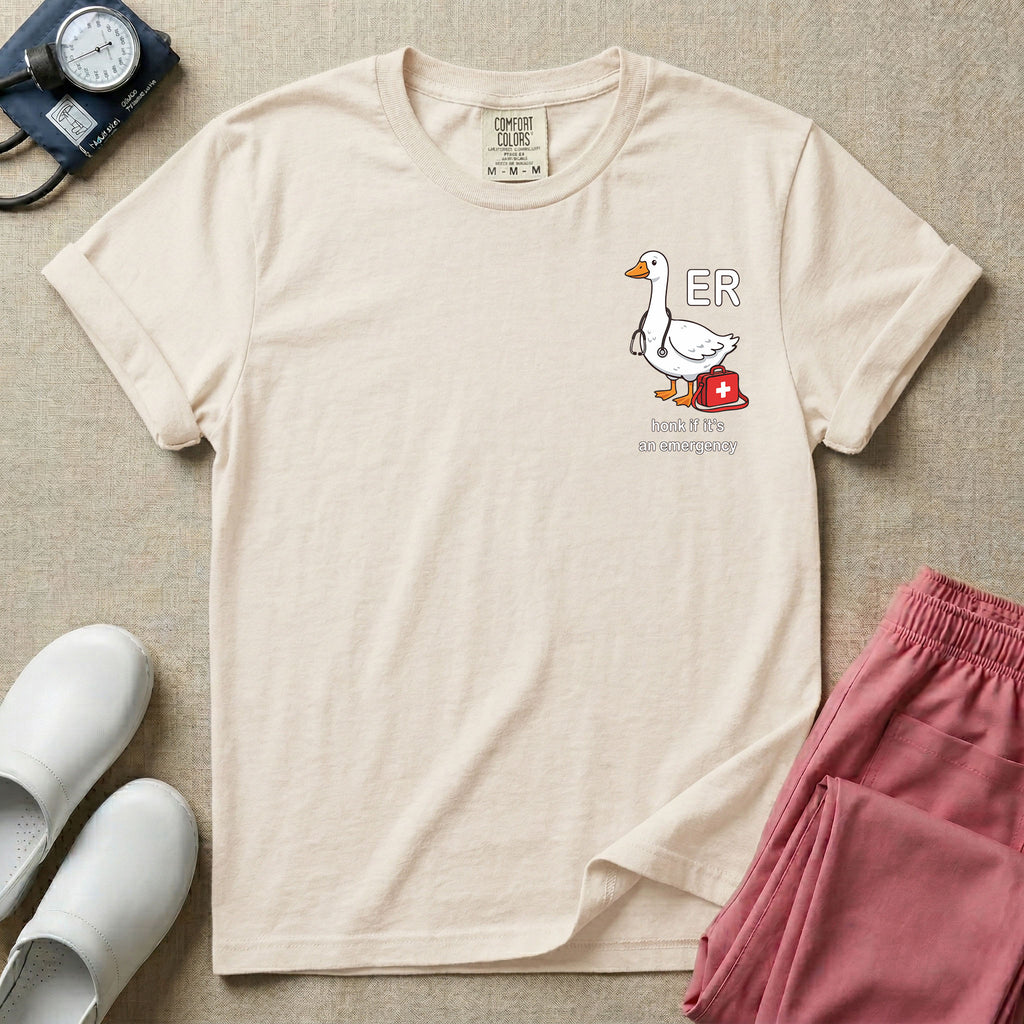 Cute cartoon goose wearing a stethoscope next to a red medical kit with ER text and the funny phrase honk if it's an emergency for emergency room nurses.