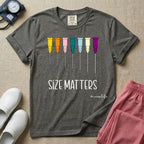 Graphic illustration of a row of colorful IV catheter needles in various gauge sizes lined up above the text SIZE MATTERS and nurselife hashtag.