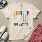 Graphic illustration of a row of colorful IV catheter needles in various gauge sizes lined up above the text SIZE MATTERS and nurselife hashtag.