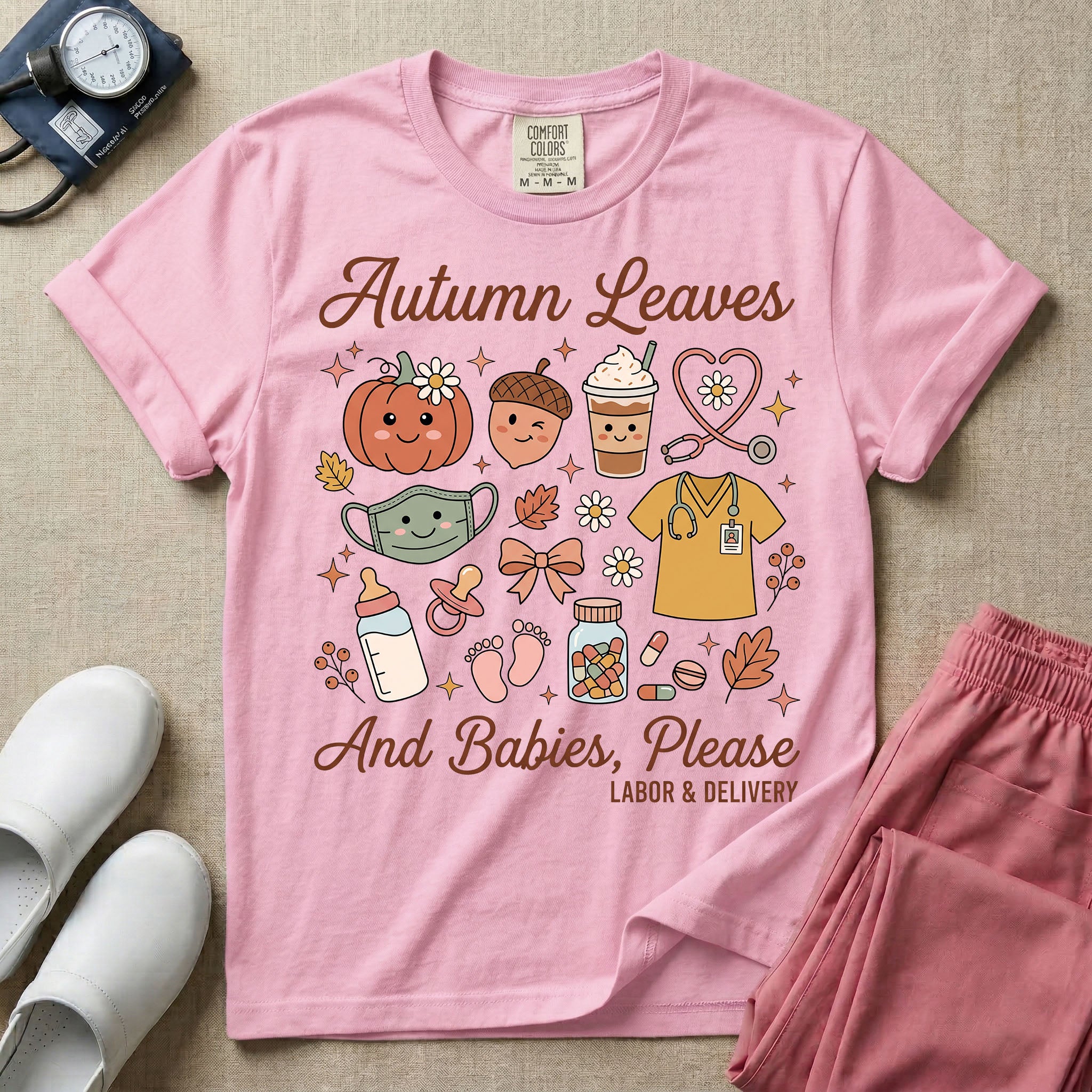 Retro Autumn Leaves And Babies Please Labor and Delivery Nurse Fall T-Shirt-T-Shirt-HugTee