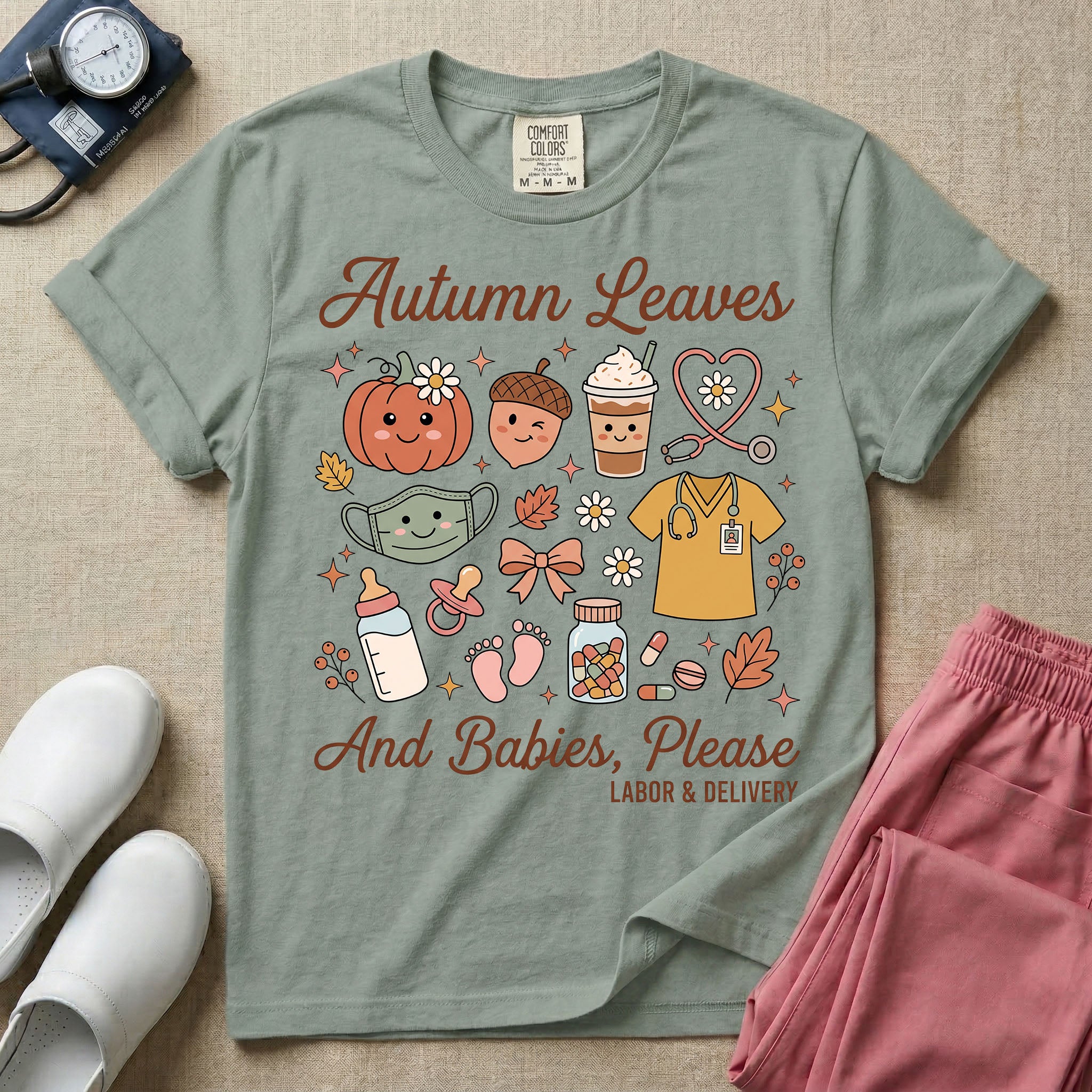 Retro Autumn Leaves And Babies Please Labor and Delivery Nurse Fall T-Shirt-T-Shirt-HugTee