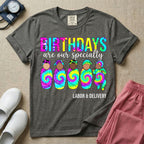 Labor and Delivery nurse design featuring the text Birthdays Are Our Specialty above five cute newborn babies wrapped in colorful tie-dye swaddles and matching hats.