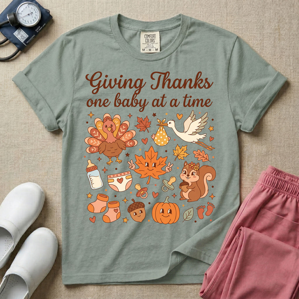 Retro Giving Thanks One Baby At A Time Thanksgiving L&D and NICU Nurse T-Shirt-T-Shirt-HugTee
