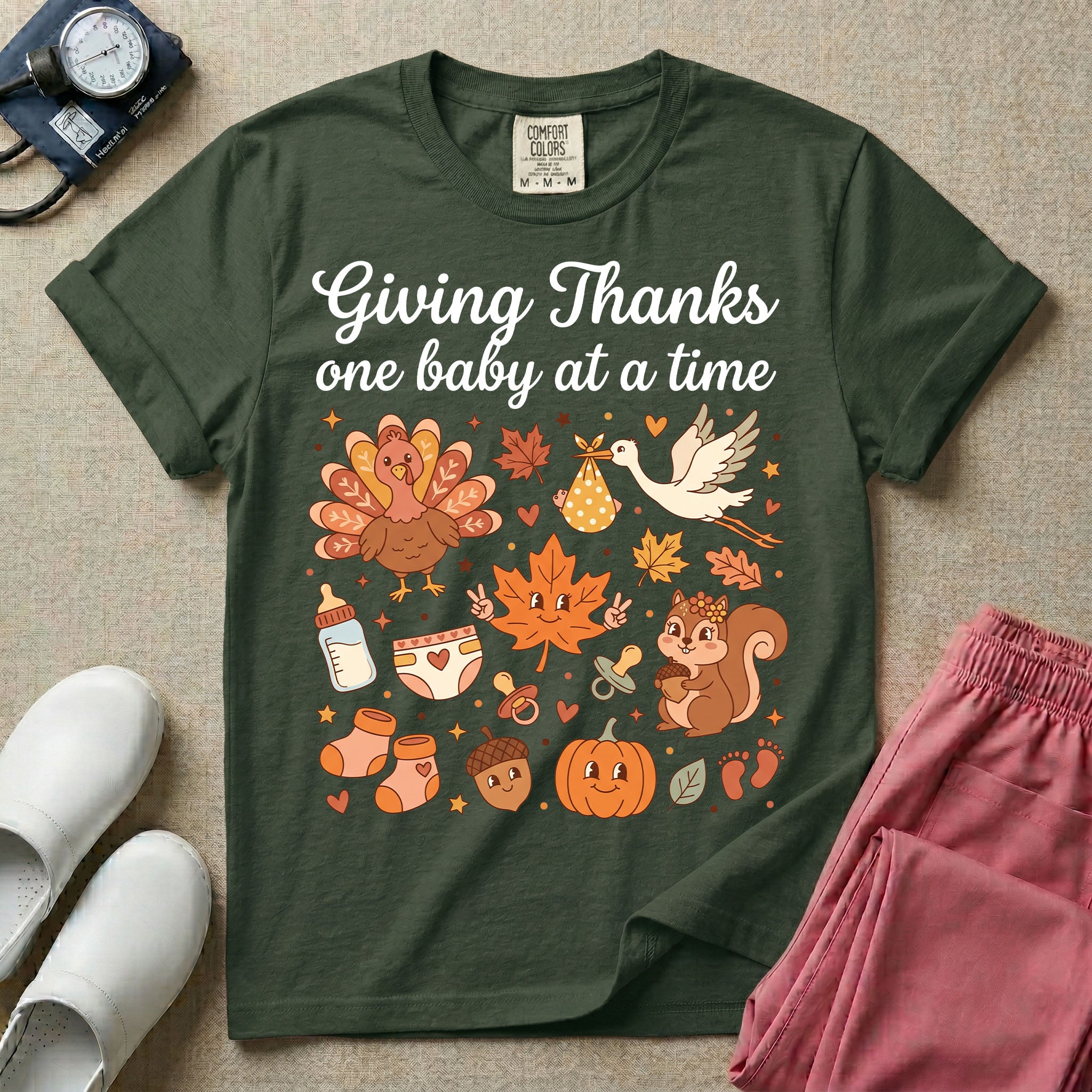 Retro Giving Thanks One Baby At A Time Thanksgiving L&D and NICU Nurse T-Shirt-T-Shirt-HugTee