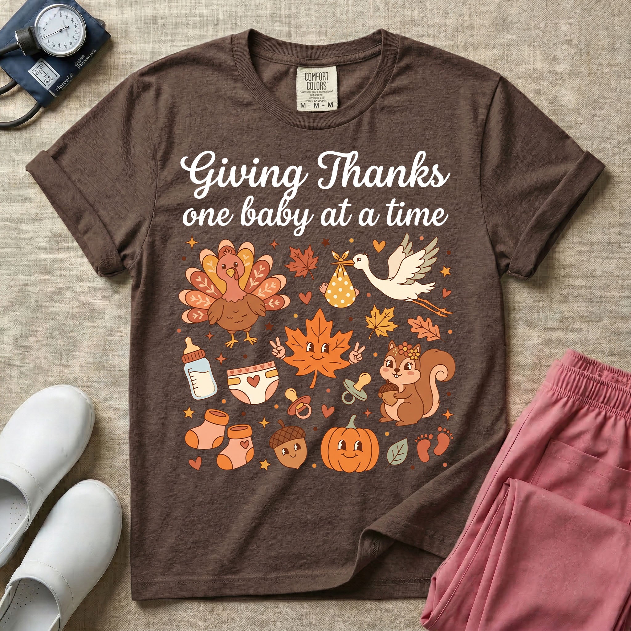 Retro Giving Thanks One Baby At A Time Thanksgiving L&D and NICU Nurse T-Shirt-T-Shirt-HugTee