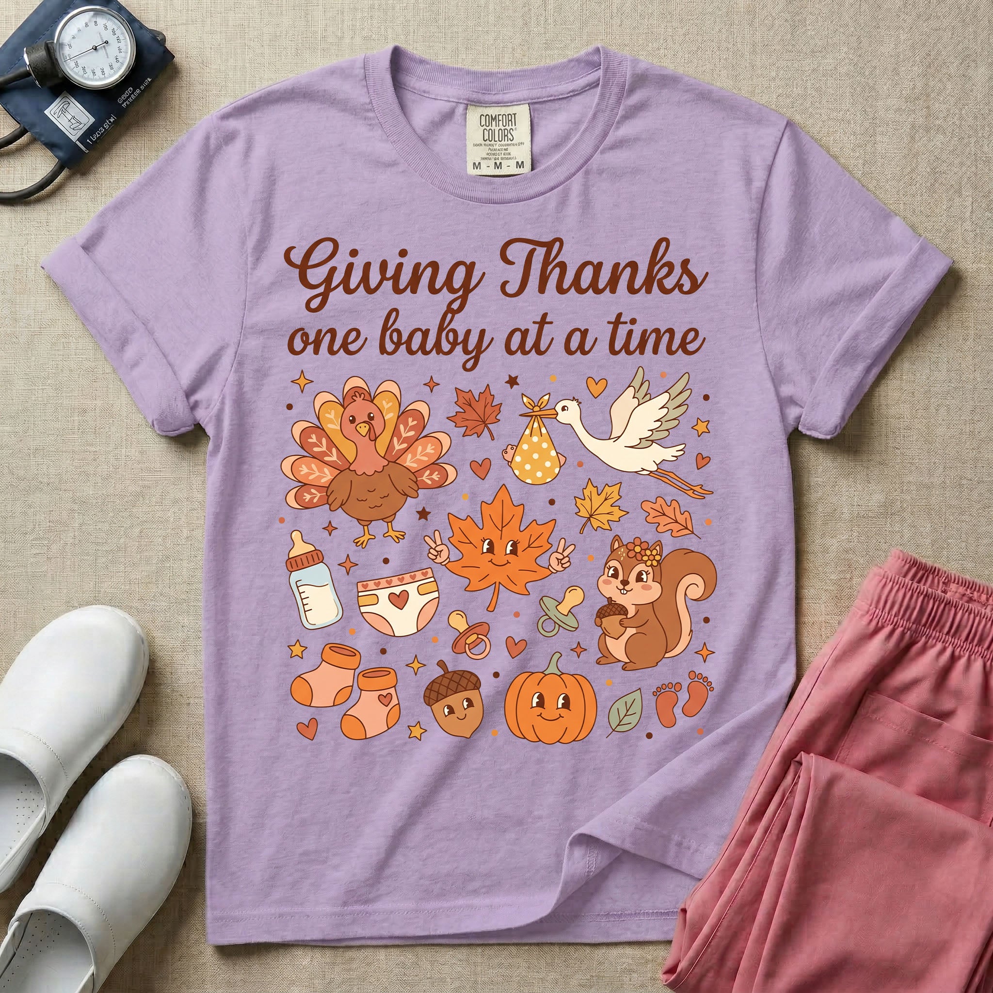 Retro Giving Thanks One Baby At A Time Thanksgiving L&D and NICU Nurse T-Shirt-T-Shirt-HugTee