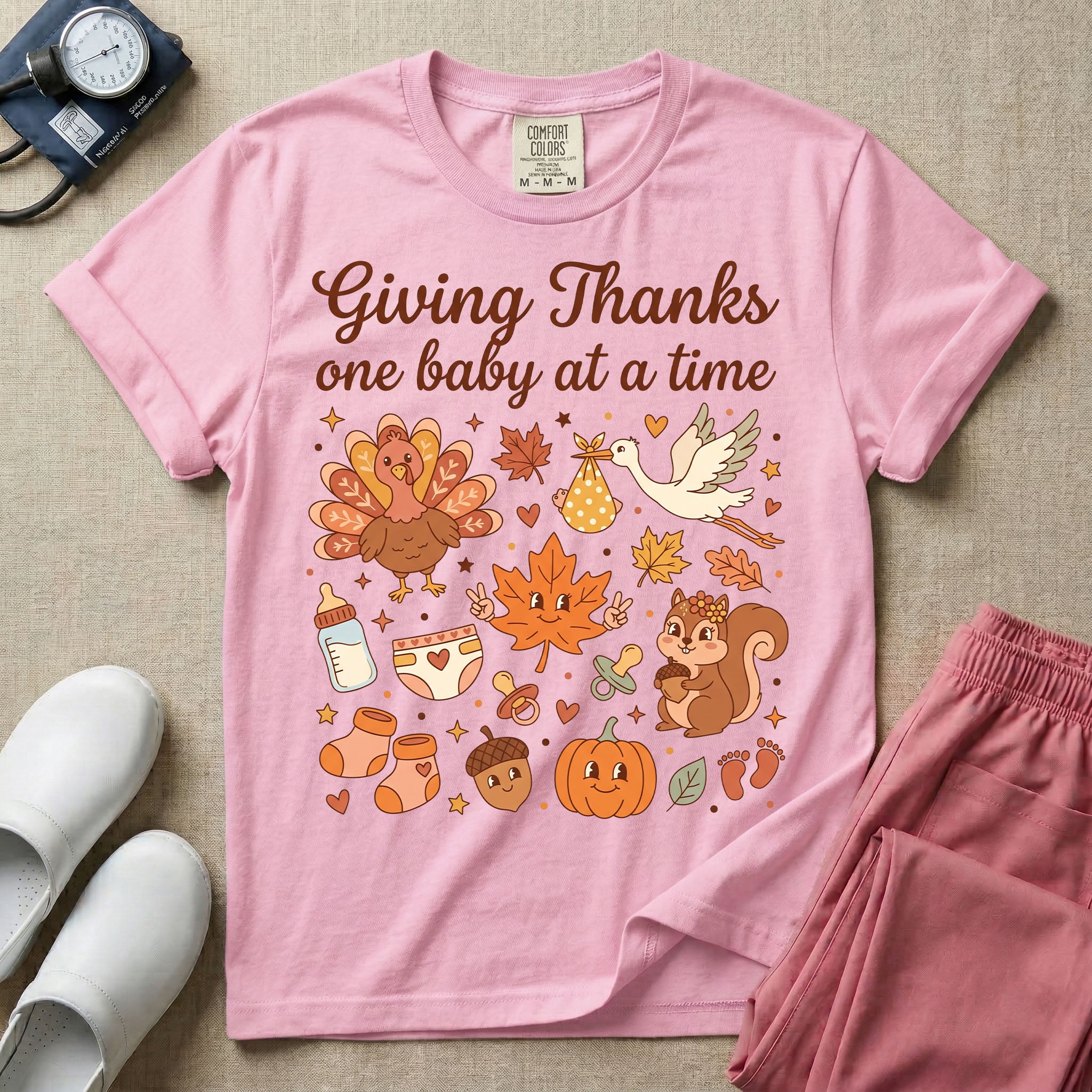 Retro Giving Thanks One Baby At A Time Thanksgiving L&D and NICU Nurse T-Shirt-T-Shirt-HugTee