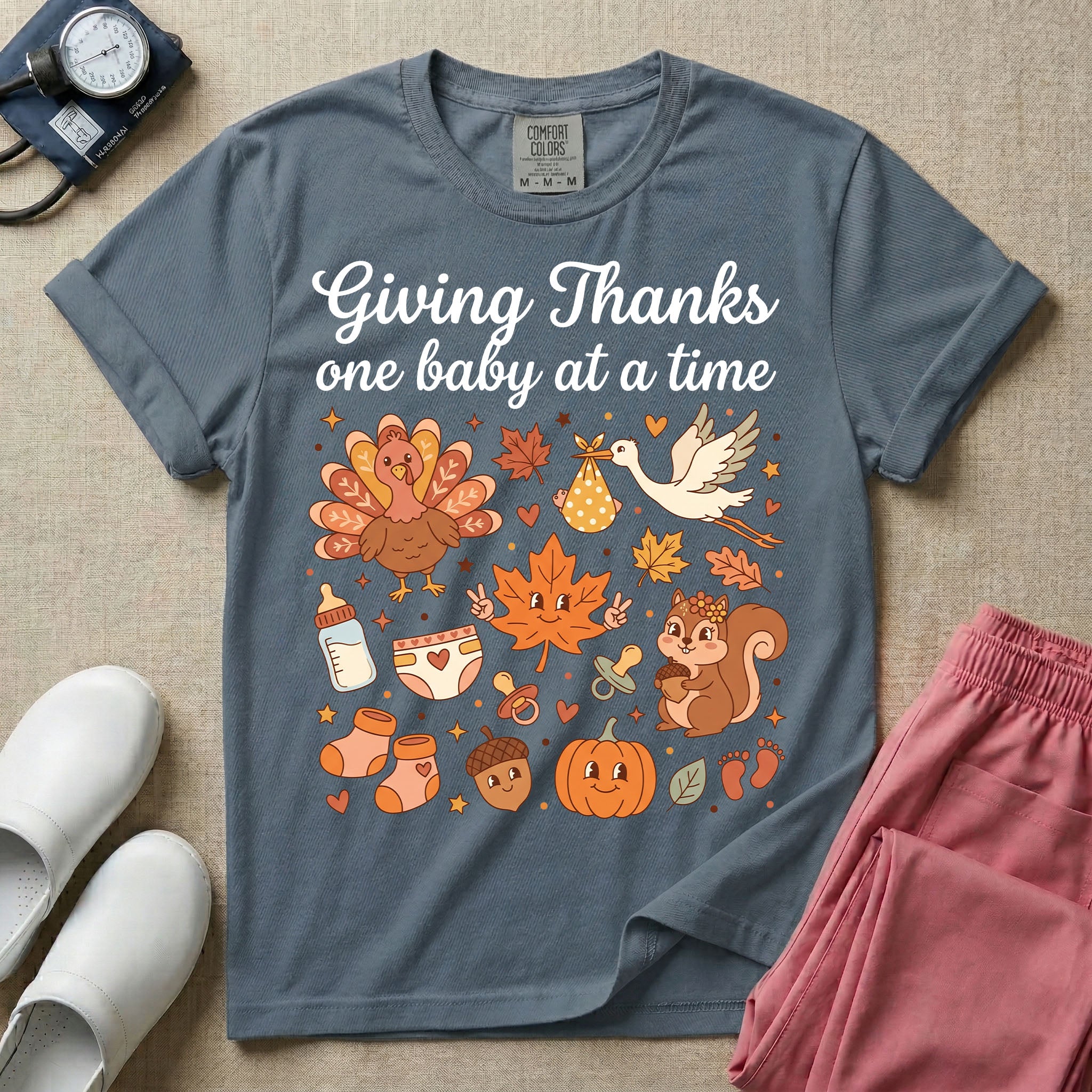 Retro Giving Thanks One Baby At A Time Thanksgiving L&D and NICU Nurse T-Shirt-T-Shirt-HugTee