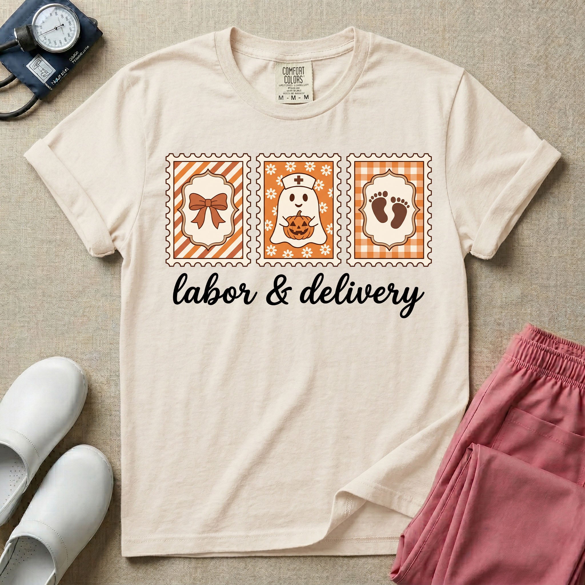 Halloween Labor and Delivery nurse graphic featuring three retro postage stamps displaying a ribbon bow, a cute ghost wearing a nurse hat holding a jack-o-lantern, and baby footprints above the cursive text labor and delivery.