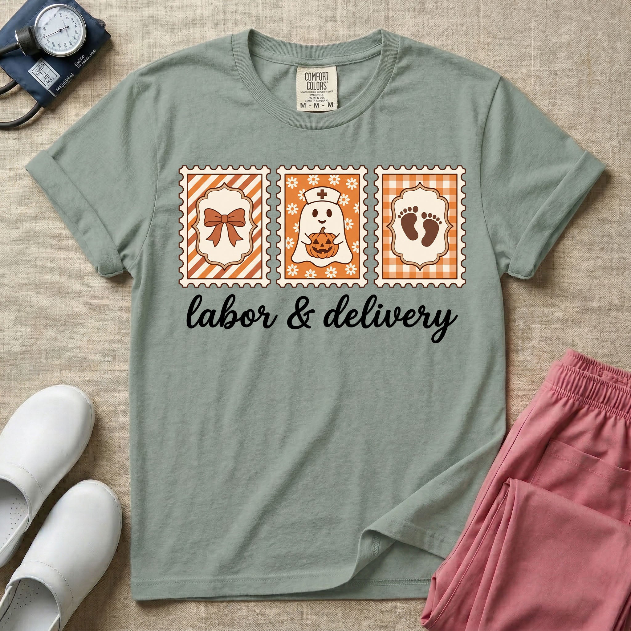 Retro Postage Stamp Nurse Ghost Labor and Delivery Halloween T-Shirt-T-Shirt-HugTee