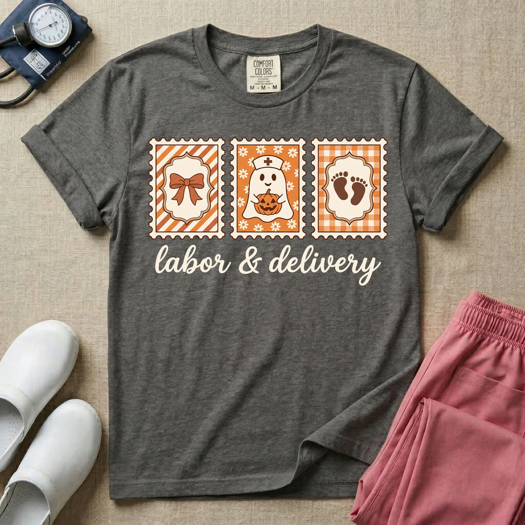 Halloween Labor and Delivery nurse graphic featuring three retro postage stamps displaying a ribbon bow, a cute ghost wearing a nurse hat holding a jack-o-lantern, and baby footprints above the cursive text labor and delivery.