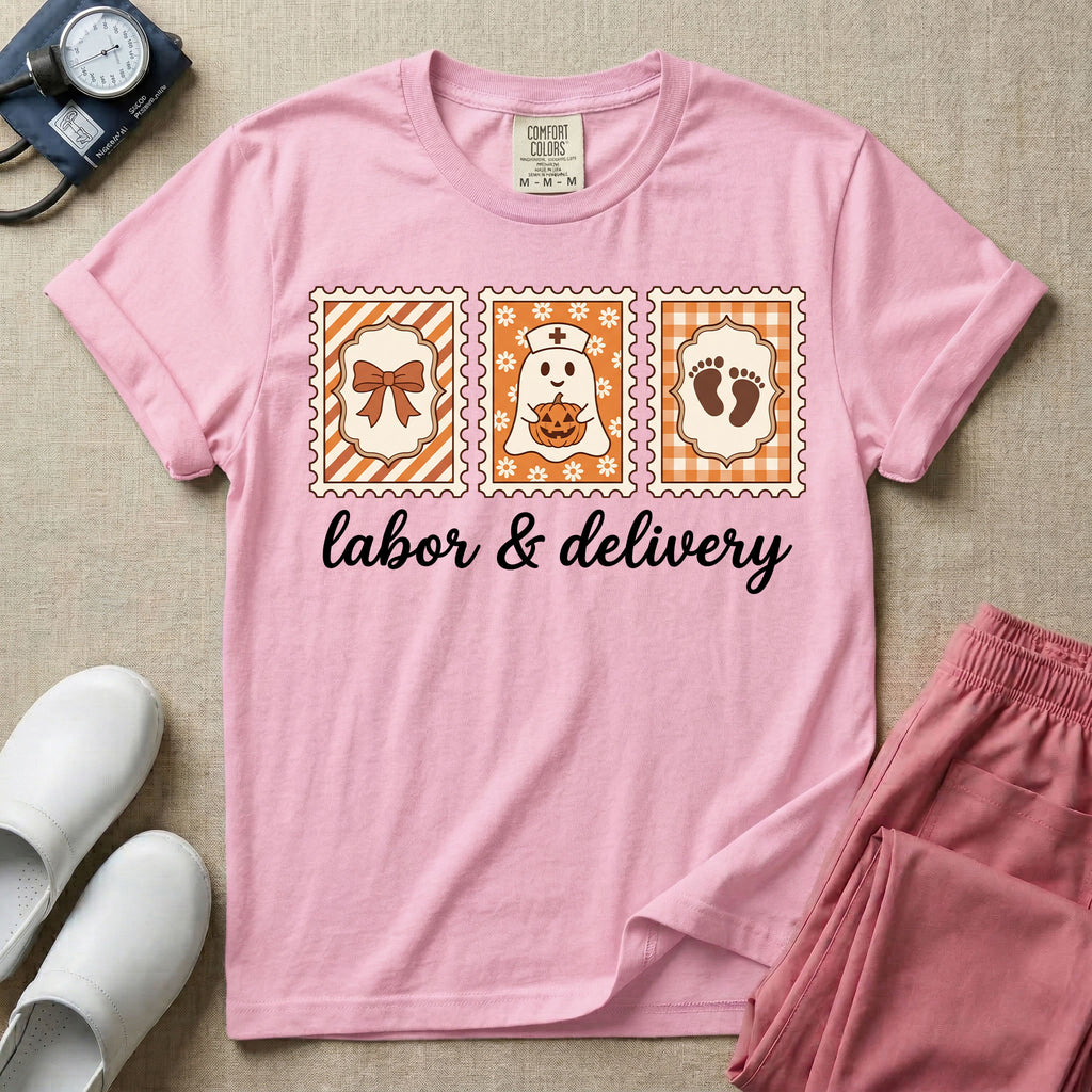 Retro Postage Stamp Nurse Ghost Labor and Delivery Halloween T-Shirt-T-Shirt-HugTee