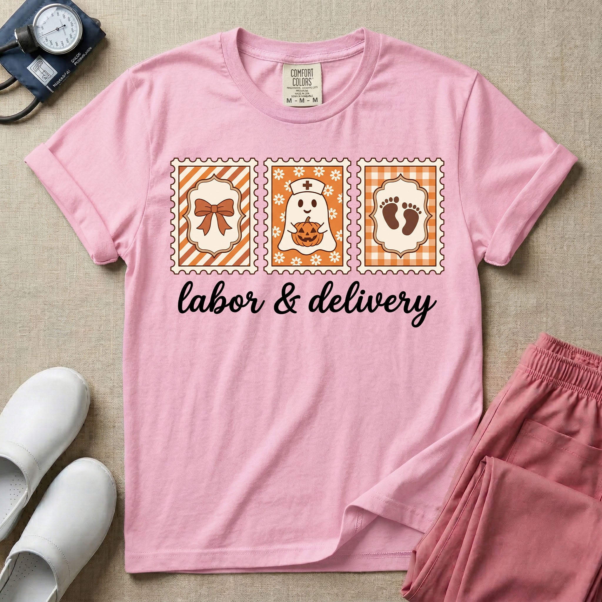 Retro Postage Stamp Nurse Ghost Labor and Delivery Halloween T-Shirt-T-Shirt-HugTee