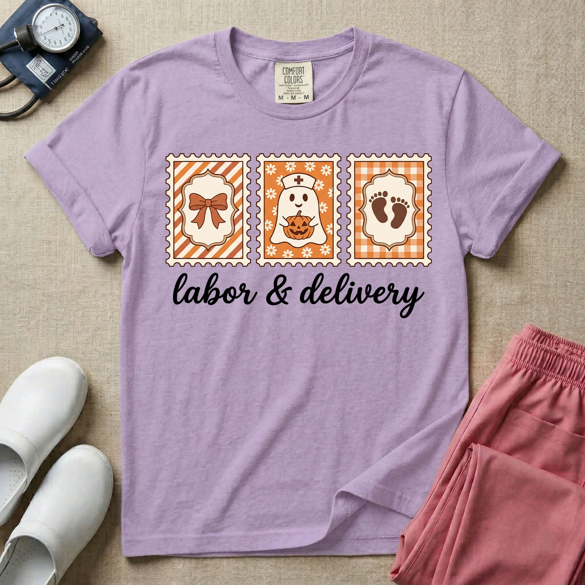Retro Postage Stamp Nurse Ghost Labor and Delivery Halloween T-Shirt-T-Shirt-HugTee