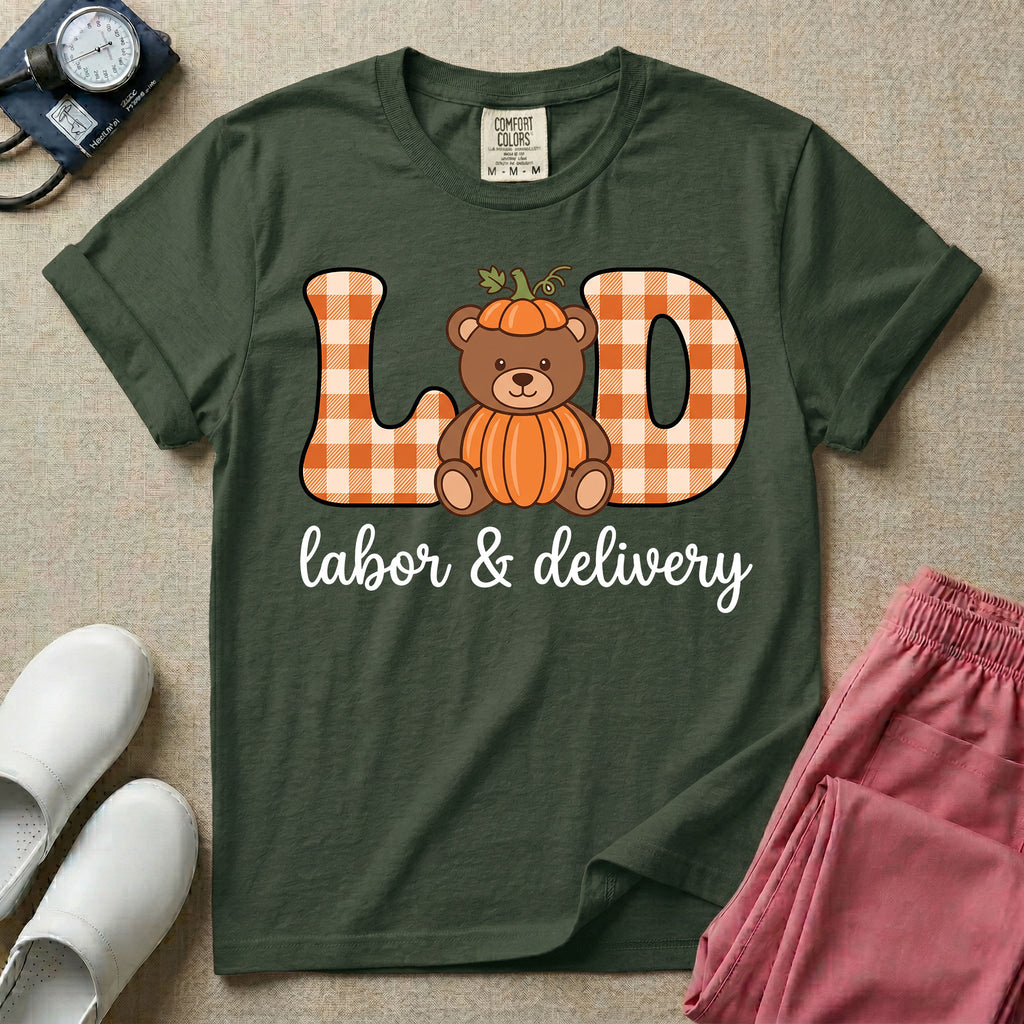 Retro Pumpkin Teddy Bear Labor and Delivery Nurse Fall T-Shirt-T-Shirt-HugTee