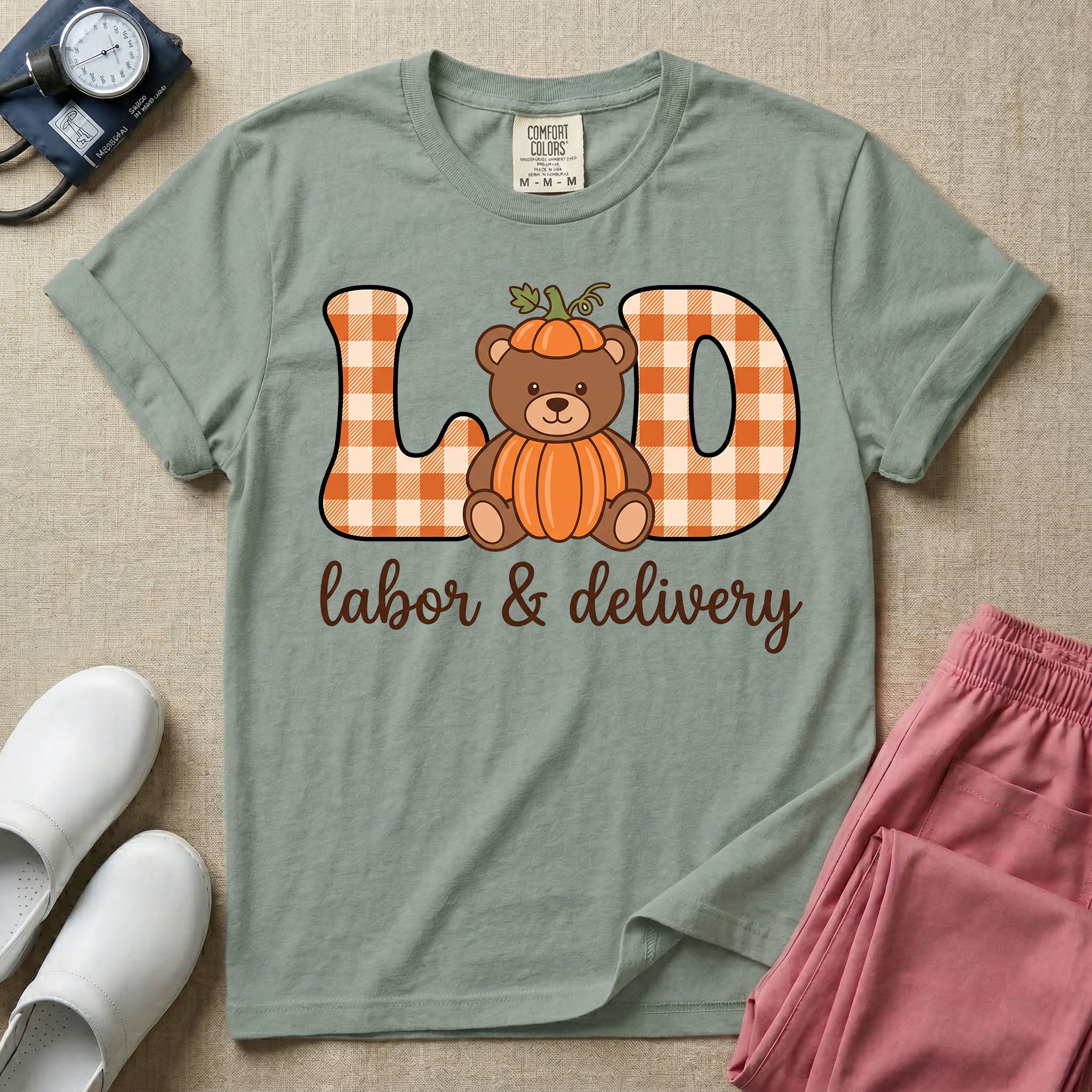 Retro Pumpkin Teddy Bear Labor and Delivery Nurse Fall T-Shirt-T-Shirt-HugTee