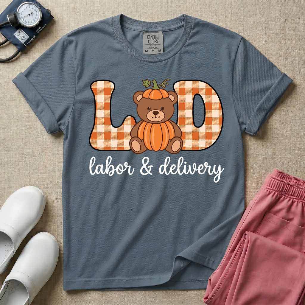 Retro Pumpkin Teddy Bear Labor and Delivery Nurse Fall T-Shirt-T-Shirt-HugTee