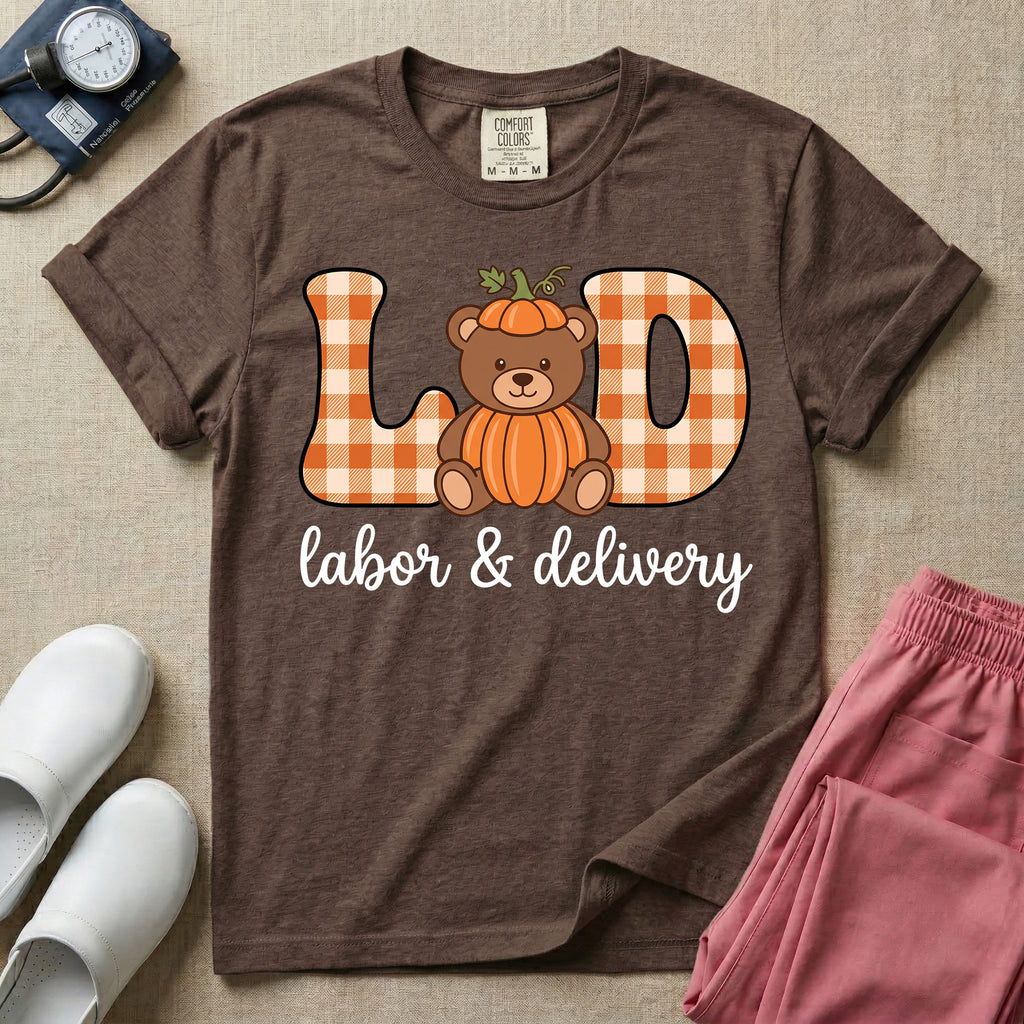 Retro Pumpkin Teddy Bear Labor and Delivery Nurse Fall T-Shirt-T-Shirt-HugTee
